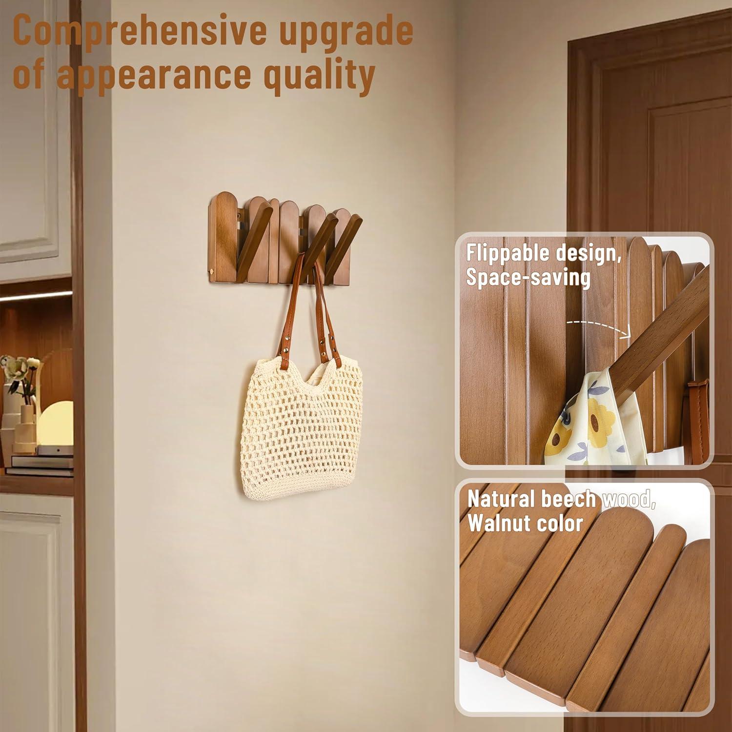 Perchero de Madera KYIAANY 4 Ganchos Pared 30x15 cm