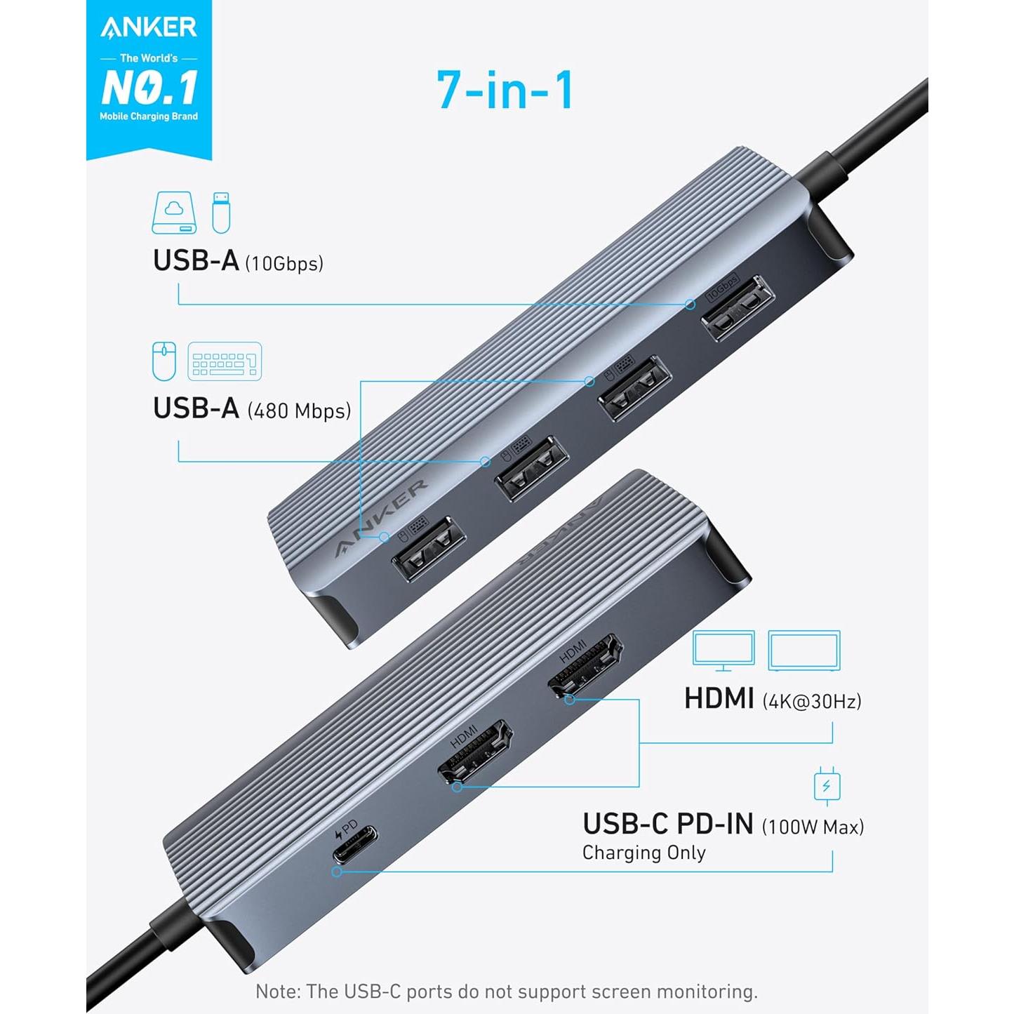 Hub USB-C Anker 7-en-1 Doble HDMI 100W 10Gbps