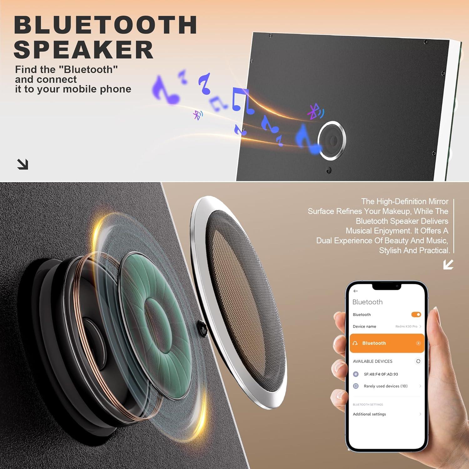 Espejo de Vanity MINISO con Luces y Altavoz Bluetooth 27x35 cm