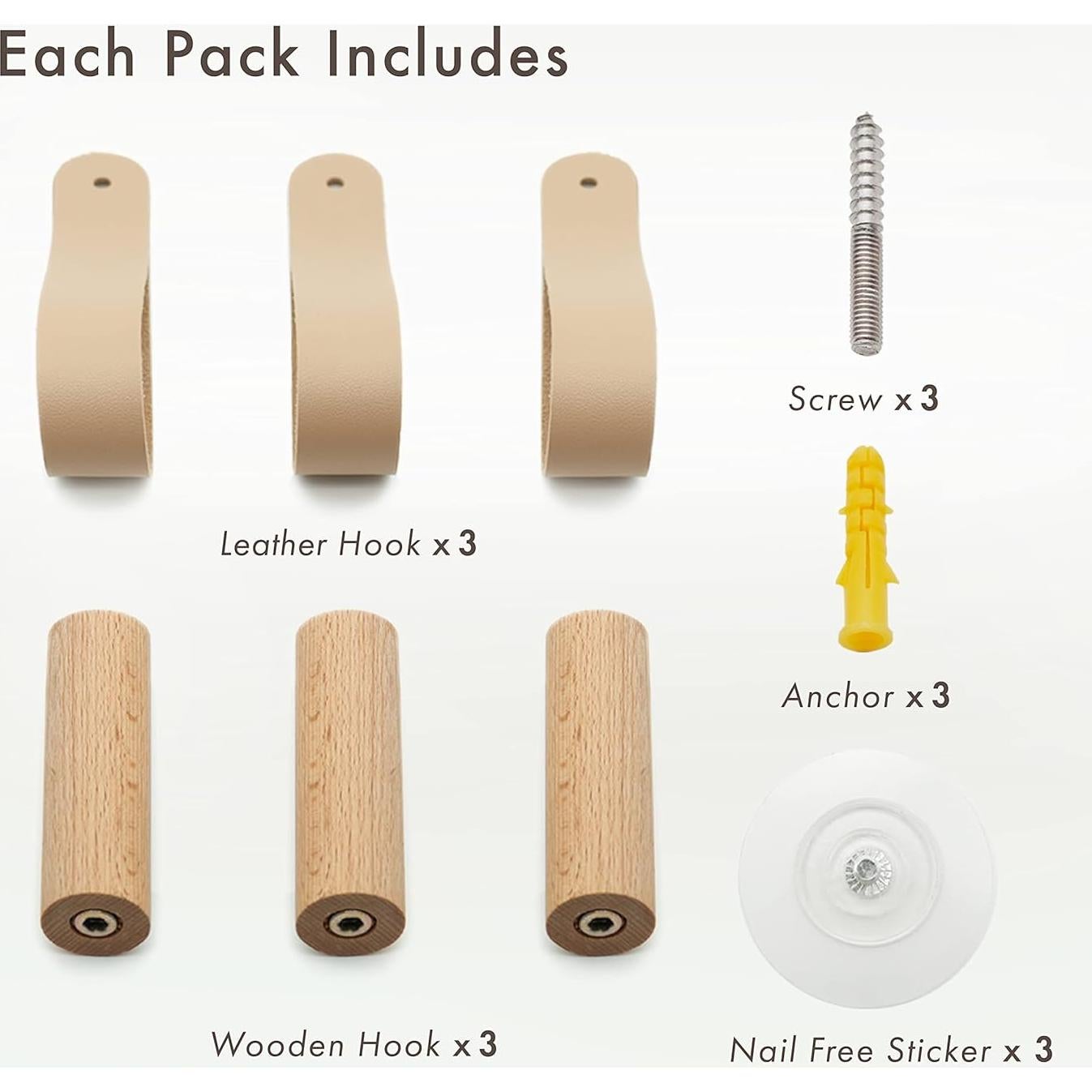 Ganchos de Pared de Cuero PU WONQEXZ - Juego de 3, 8 cm