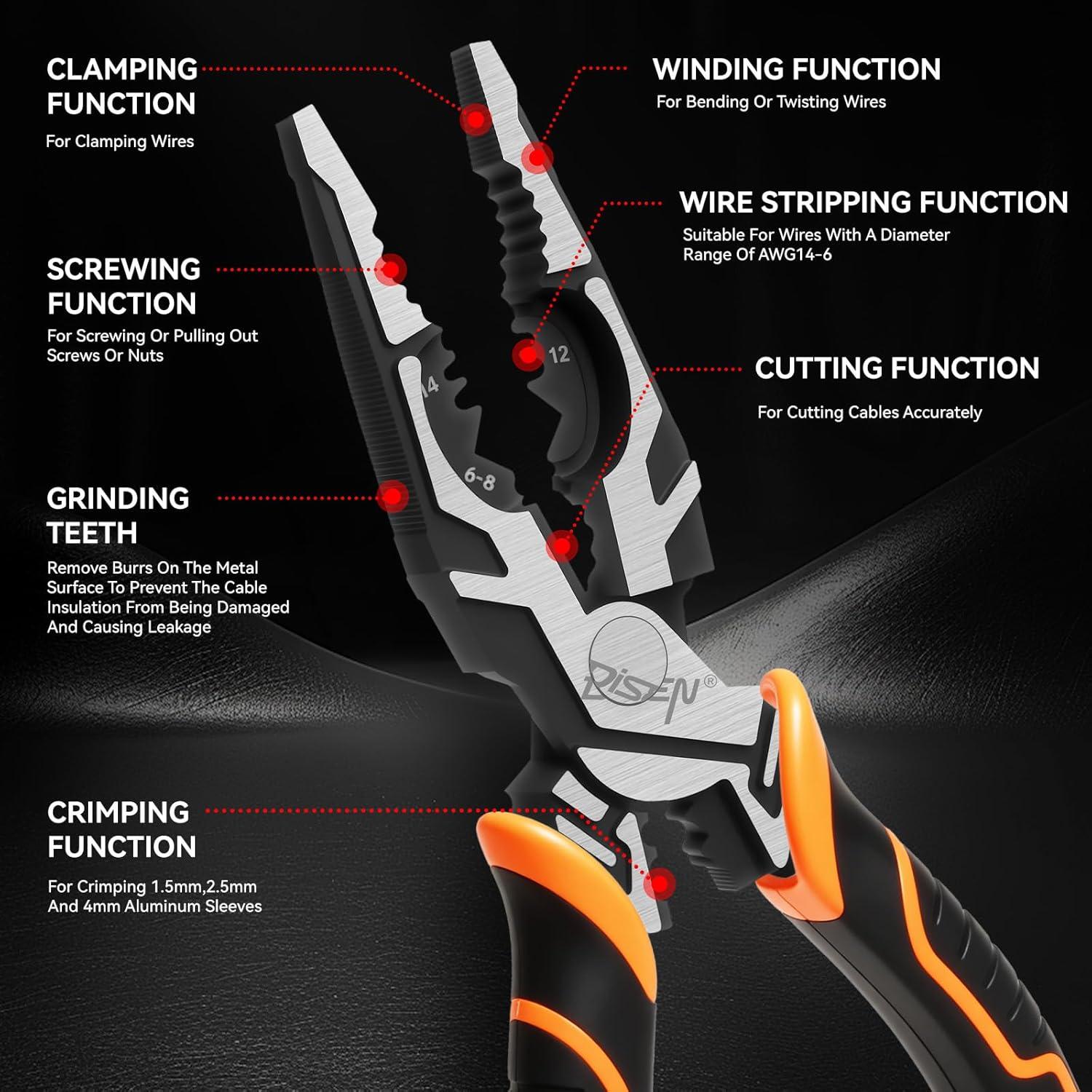 Alicates eléctricos DISEN 22.86 cm 7-en-1 multifuncionales