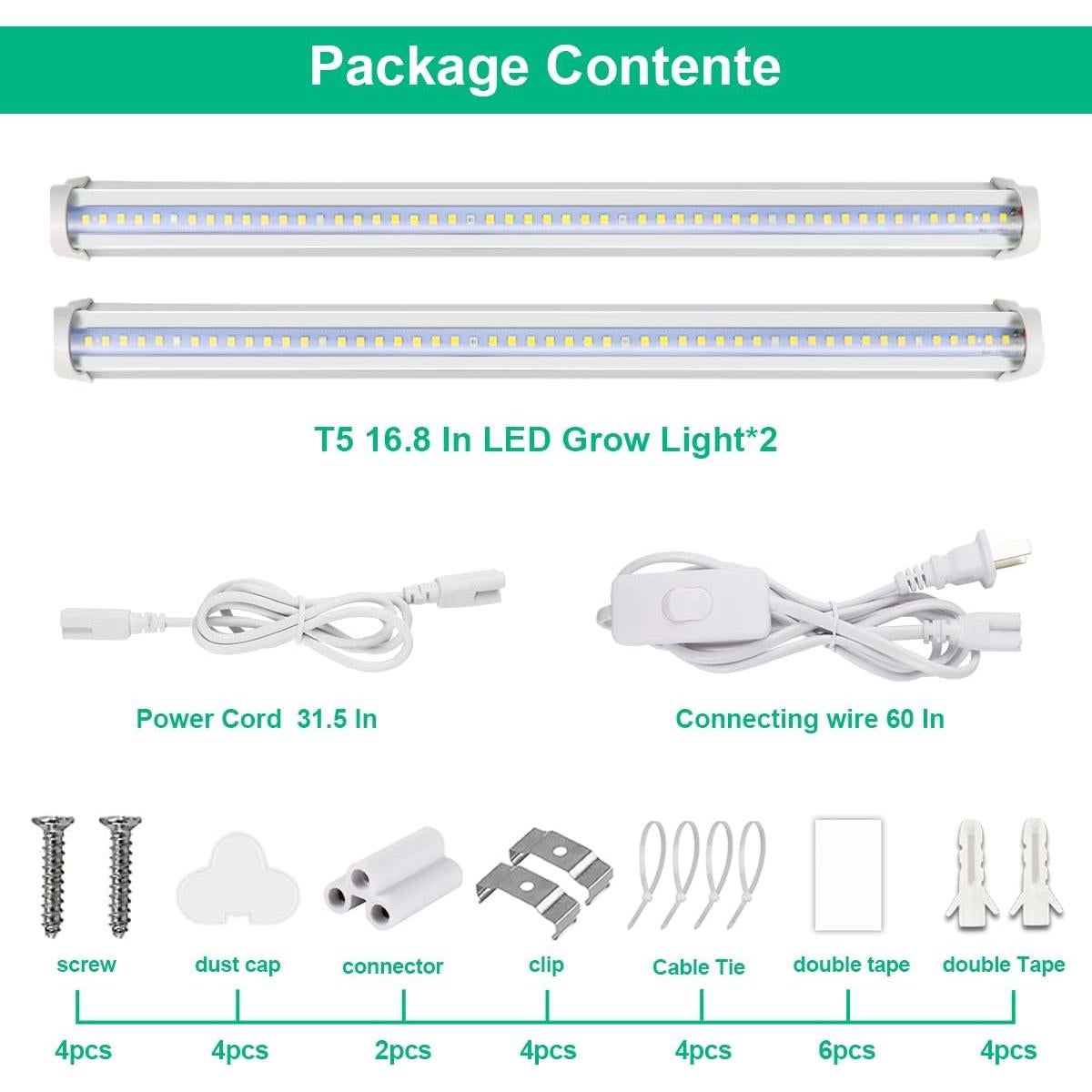 Luces de Crecimiento LED 5000K 42.67cm 20W 2 Piezas HongHu