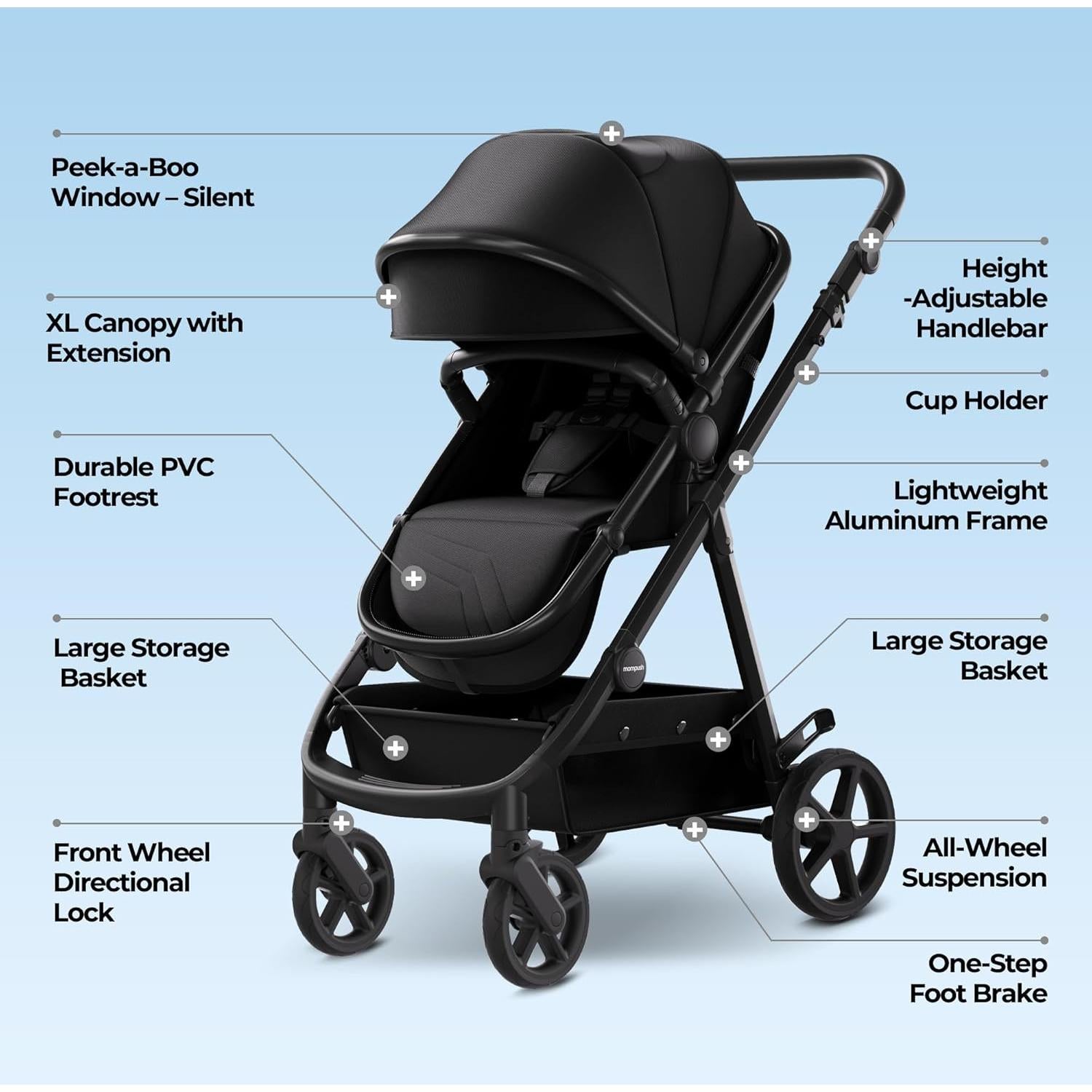 Carriola 2-en-1 Mompush Meteor 2 Negra con Adaptador Auto
