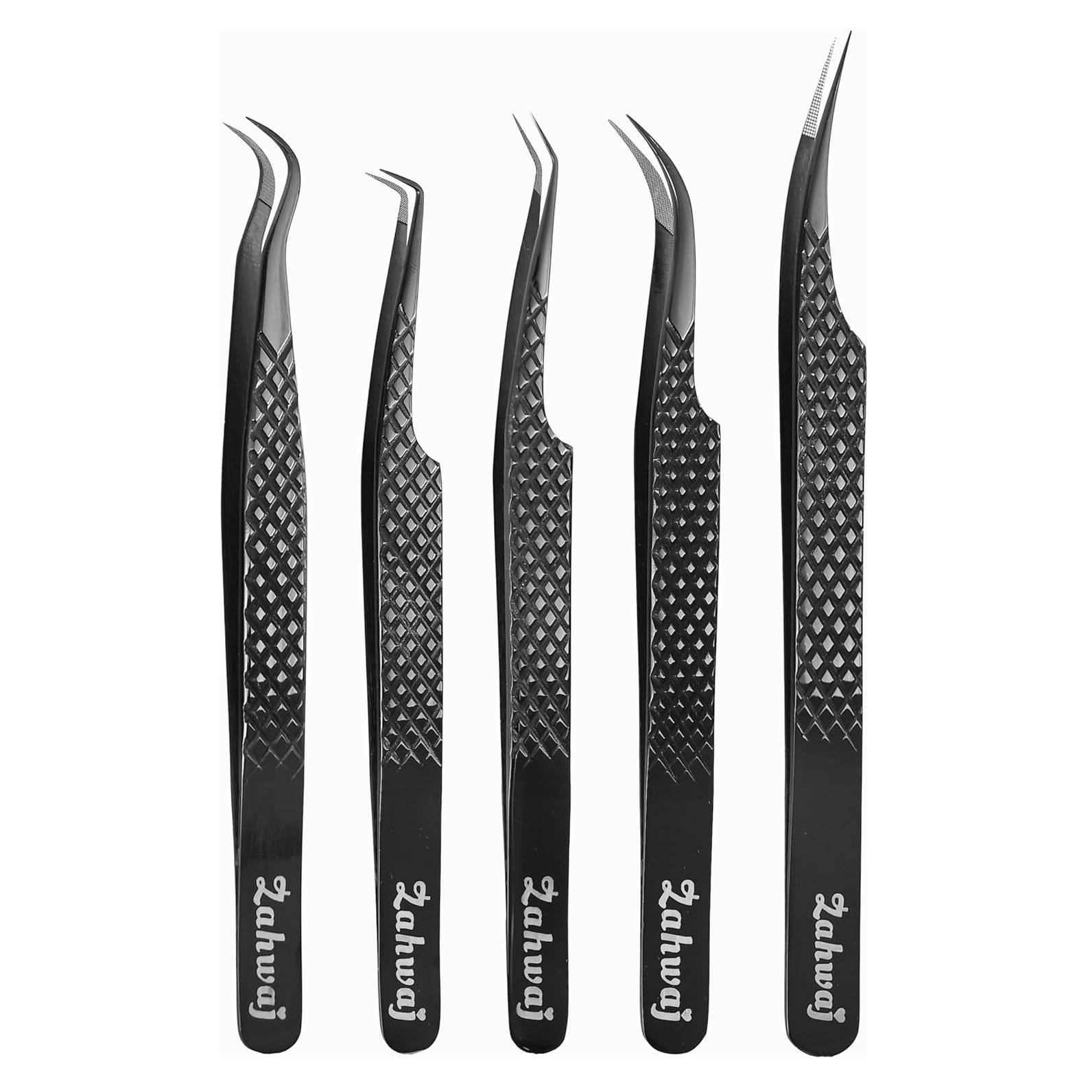Pinzas de Pestañas ZAHWAJ - Juego de 5 Acero Inoxidable Negro