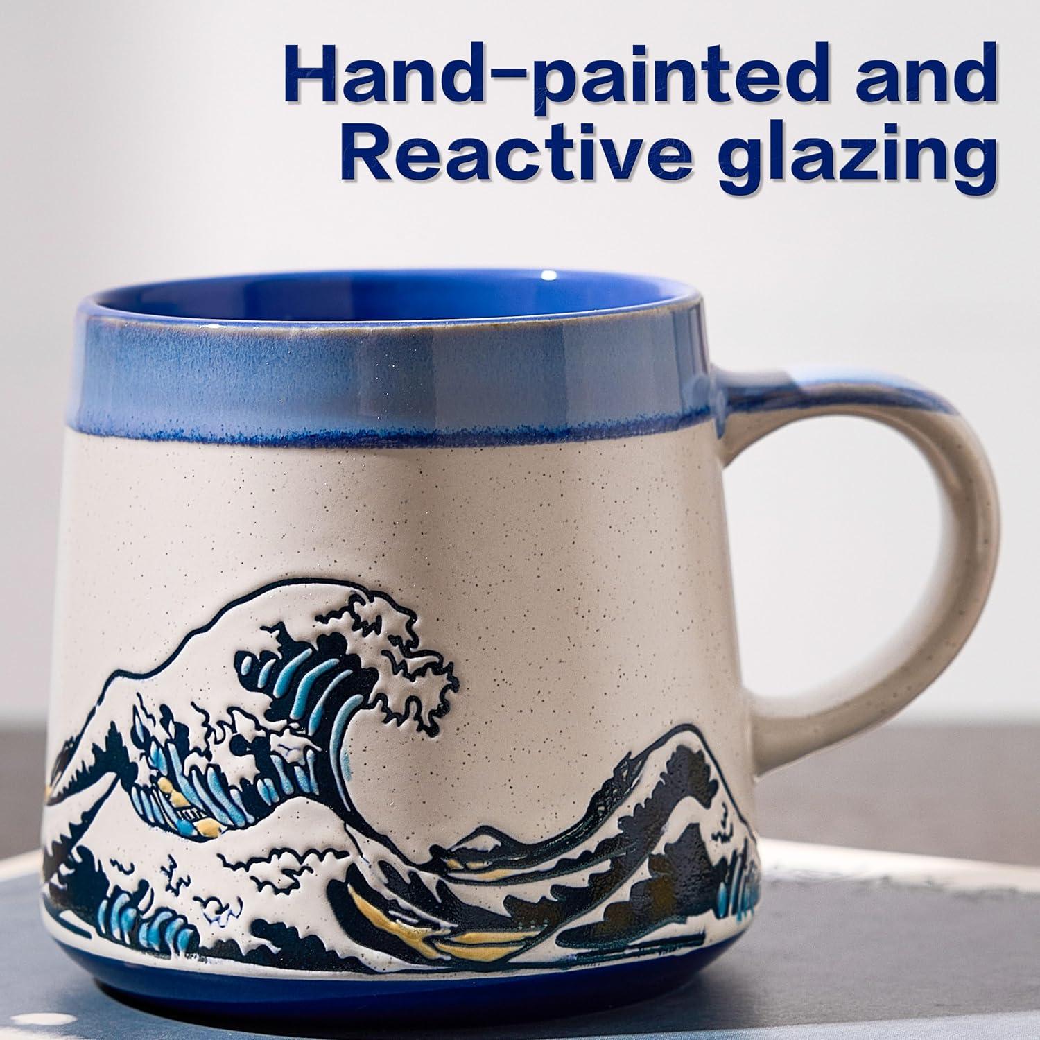 Taza de Cerámica Grande BICETTO Ukiyo-e 15oz Apta Microondas