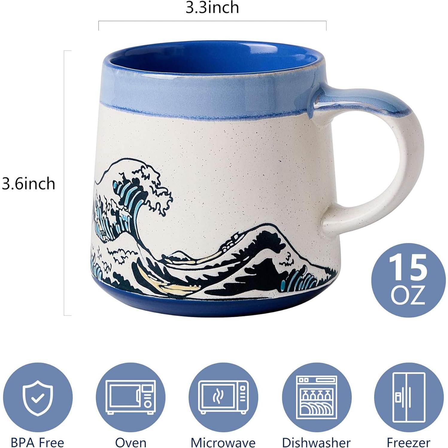 Taza de Cerámica Grande BICETTO Ukiyo-e 15oz Apta Microondas