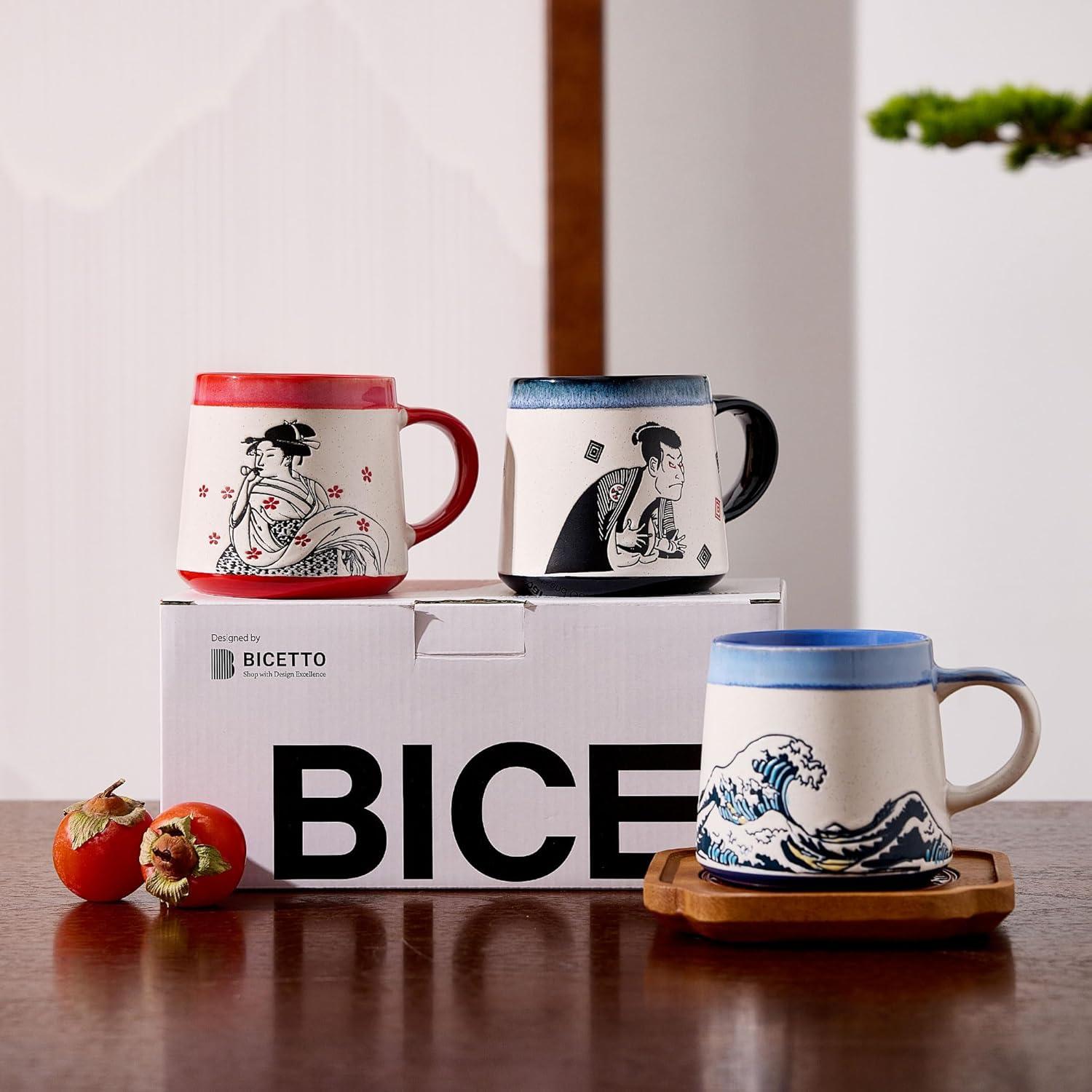 Taza de Cerámica Grande BICETTO Ukiyo-e 15oz Apta Microondas
