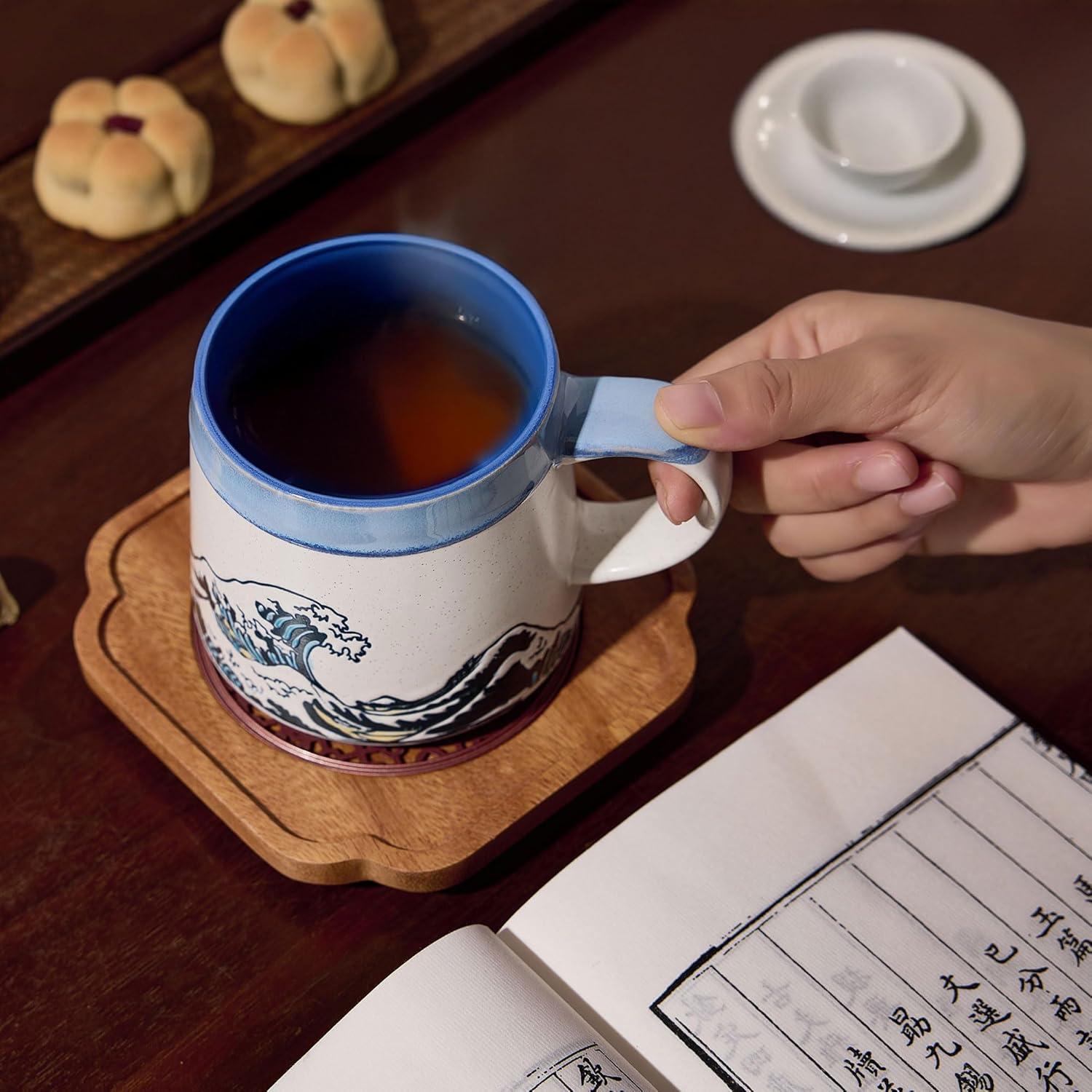 Taza de Cerámica Grande BICETTO Ukiyo-e 15oz Apta Microondas