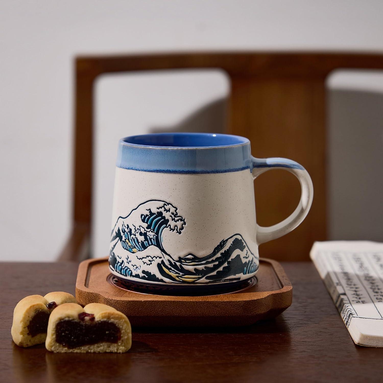 Taza de Cerámica Grande BICETTO Ukiyo-e 15oz Apta Microondas