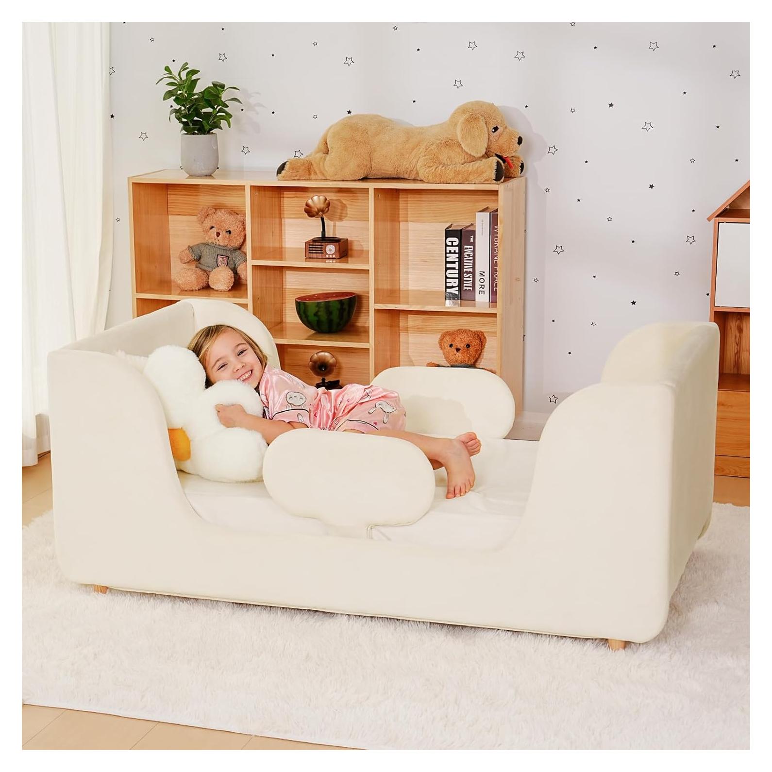 Cama para Niños Pequeños Acolchada con Barandilla de Seguridad