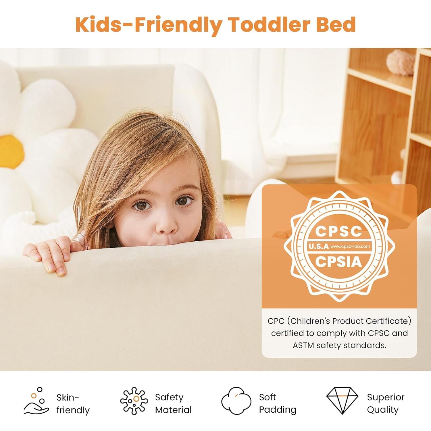 Cama para Niños Pequeños Acolchada con Barandilla de Seguridad