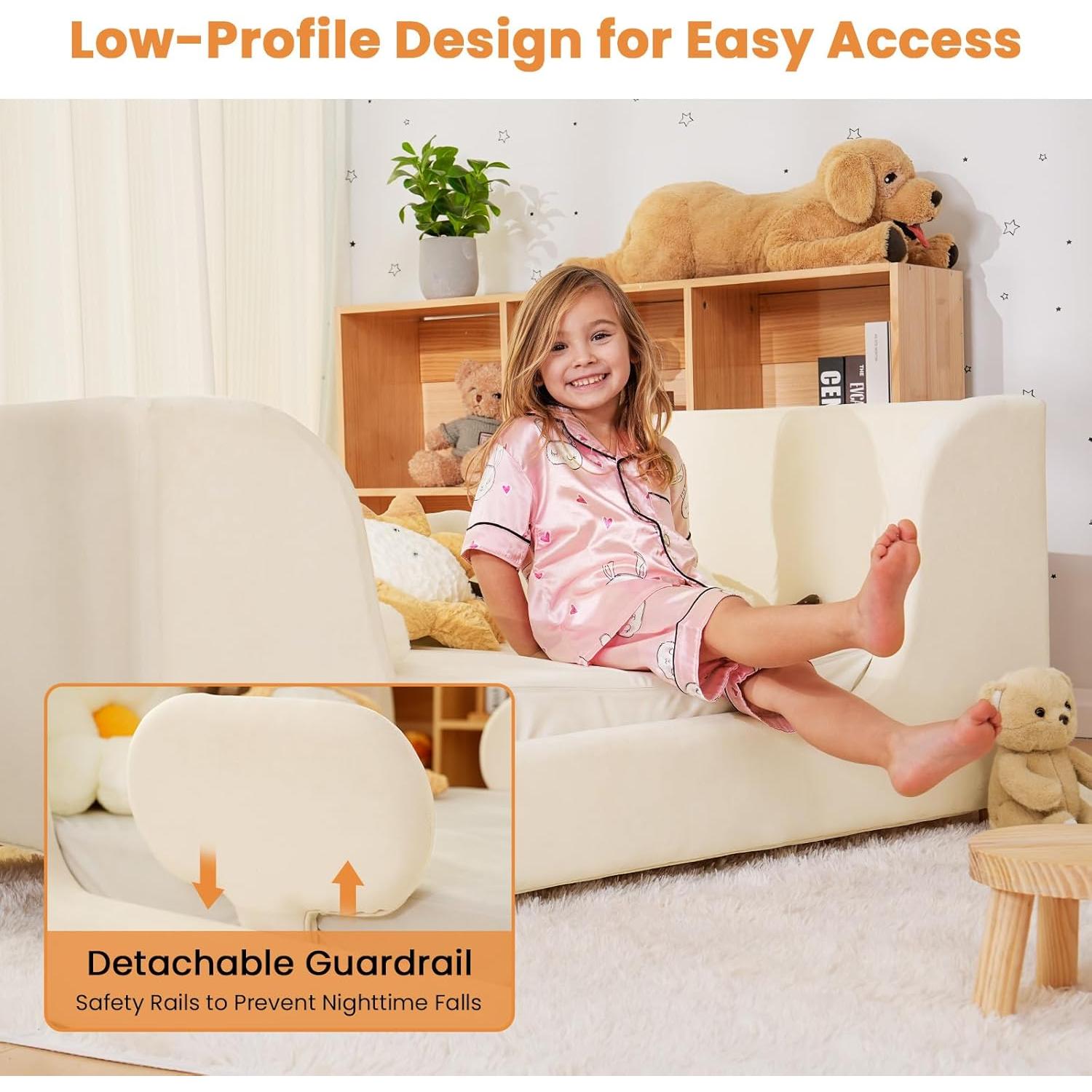 Cama para Niños Pequeños Acolchada con Barandilla de Seguridad