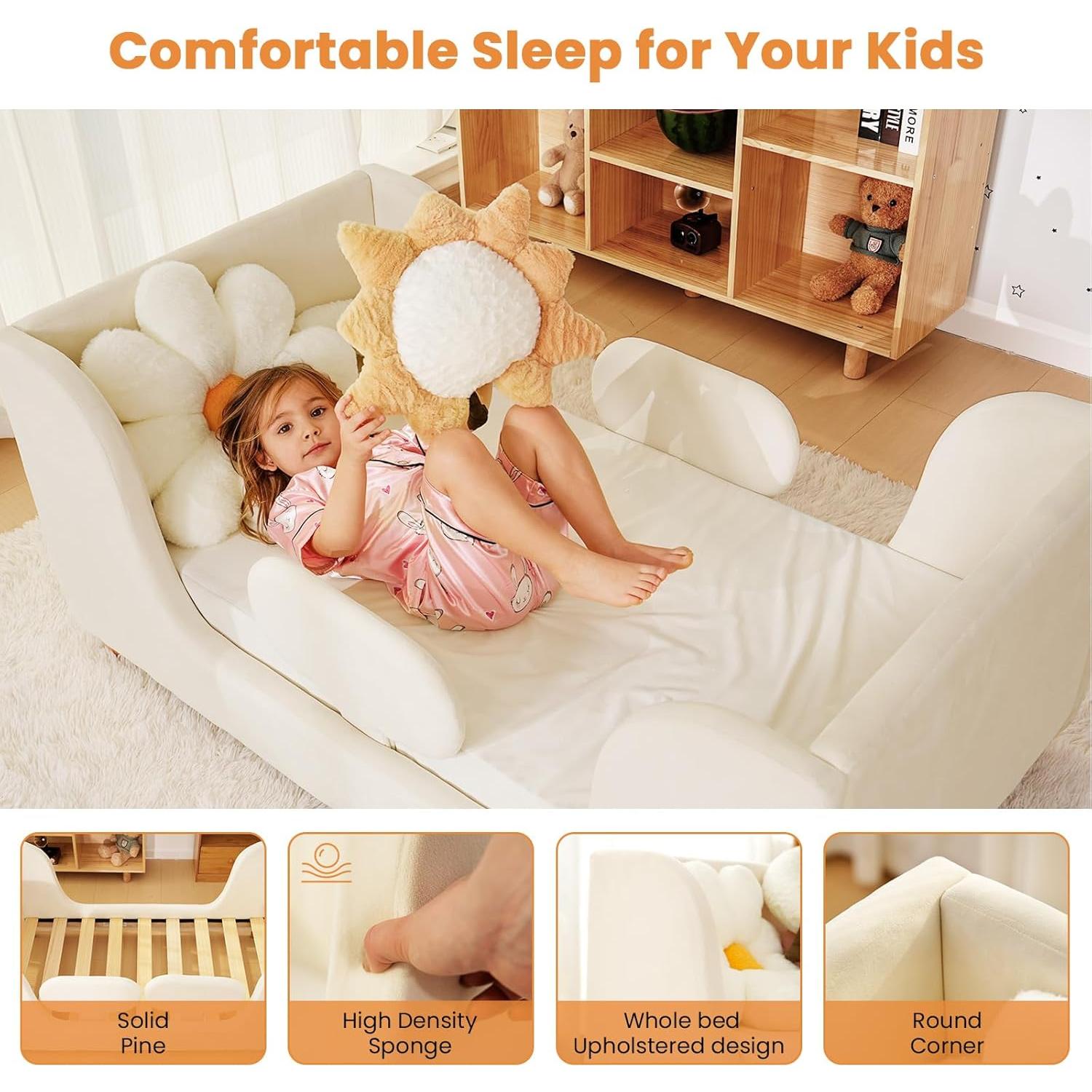 Cama para Niños Pequeños Acolchada con Barandilla de Seguridad