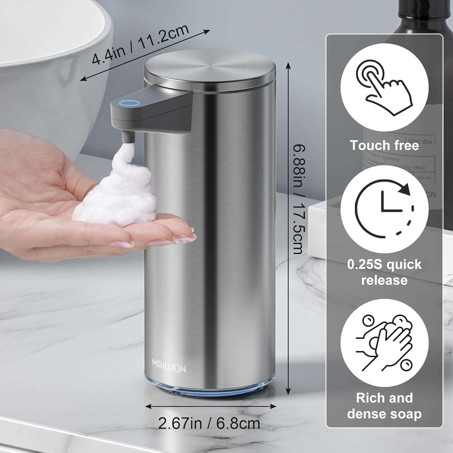 Dispensador Automático de Jabón Mbillion Acero Inoxidable Recargable