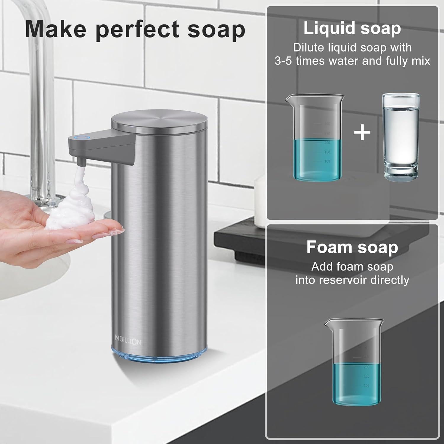 Dispensador Automático de Jabón Mbillion Acero Inoxidable Recargable