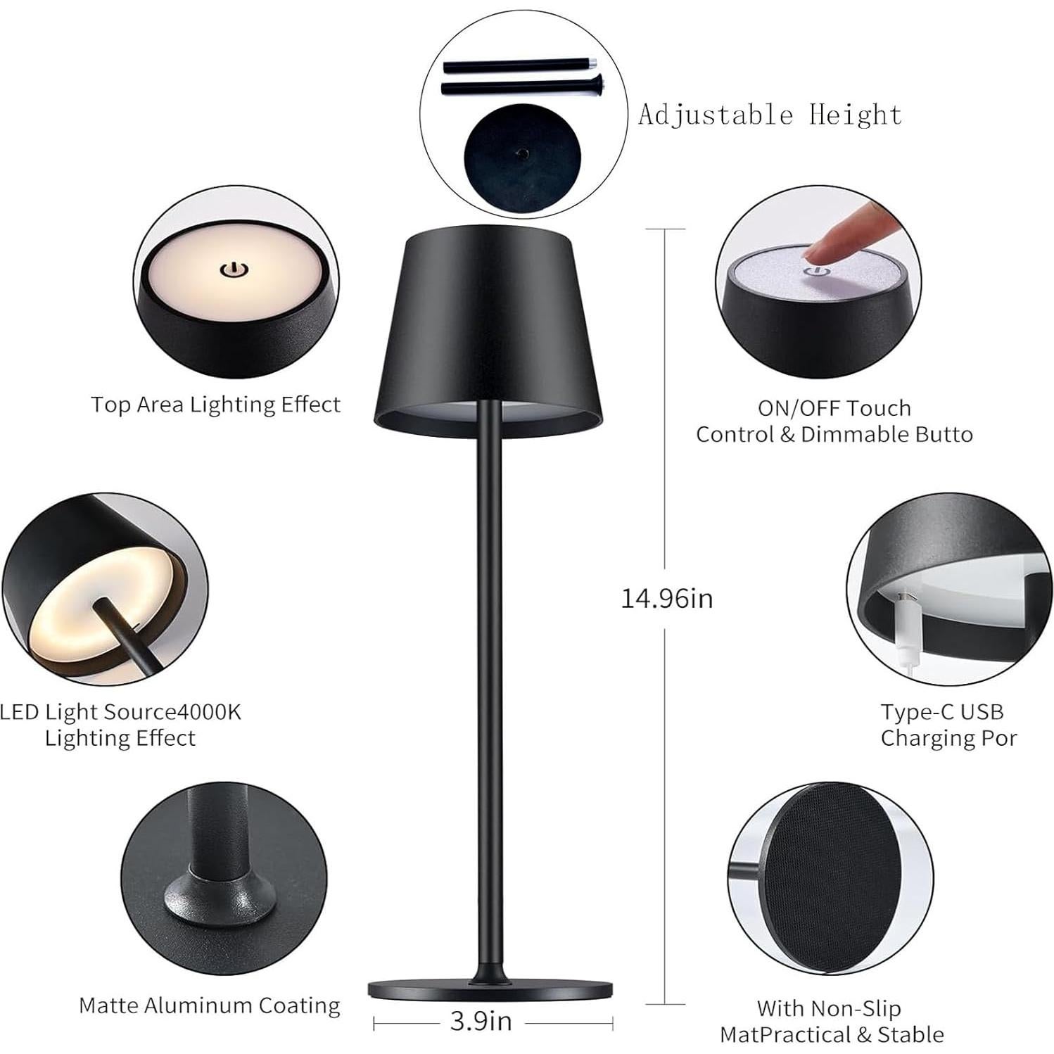 Lámpara de Mesa Inalámbrica LED Portátil 2 Paquetes Negro