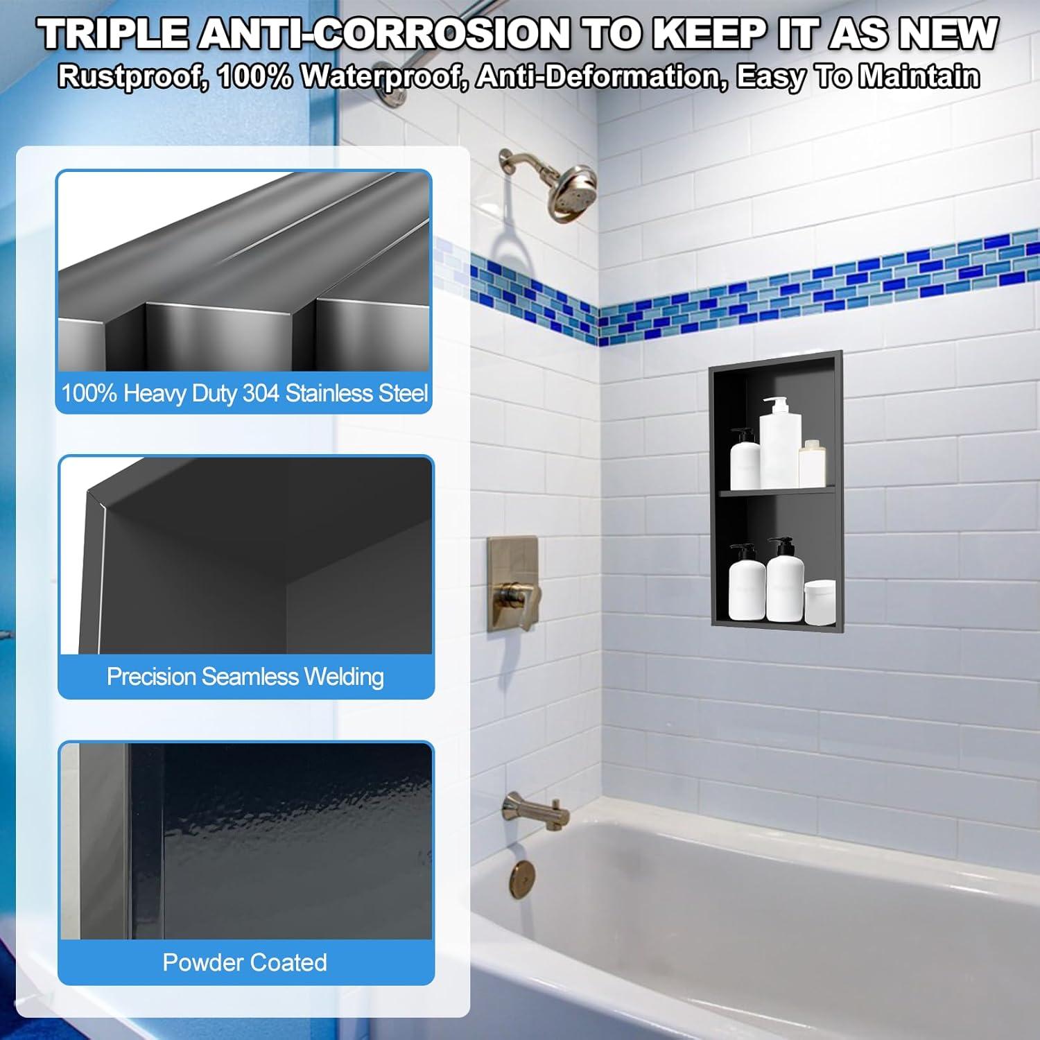 Nicho de Ducha Recesado Vlaeng Acero Inoxidable 24x12cm Negro