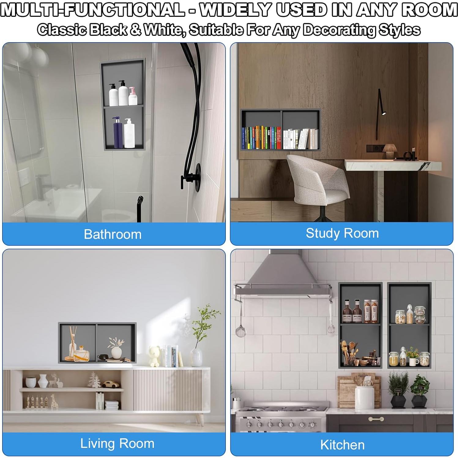 Nicho de Ducha Recesado Vlaeng Acero Inoxidable 24x12cm Negro