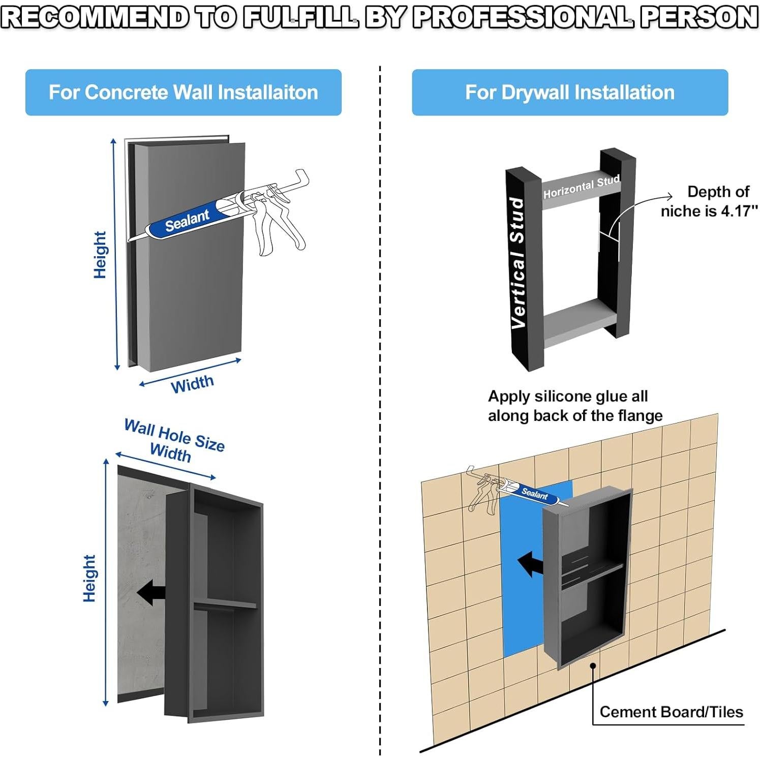 Nicho de Ducha Recesado Vlaeng Acero Inoxidable 24x12cm Negro