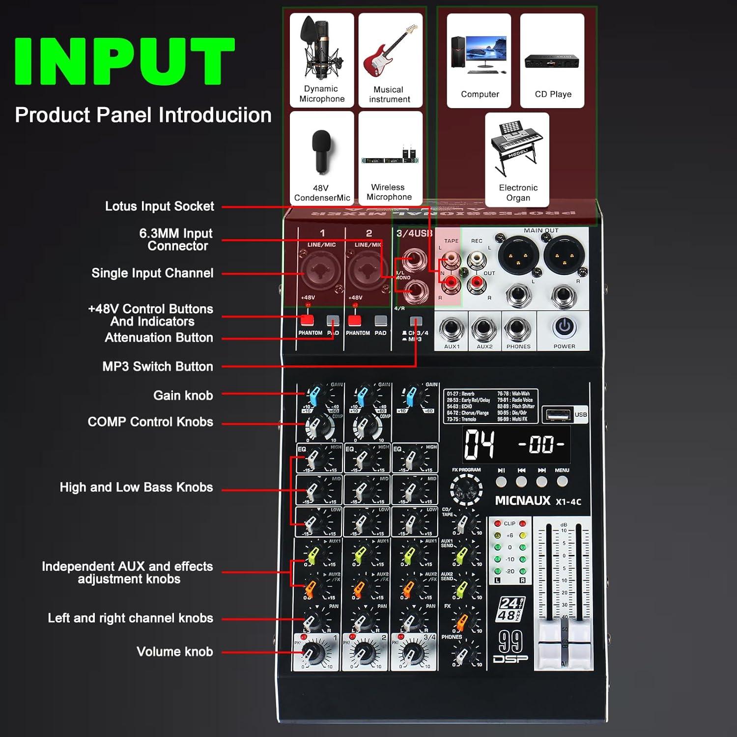 Mezclador de Audio Profesional MICNAUX X1-4Channel 4 Canales