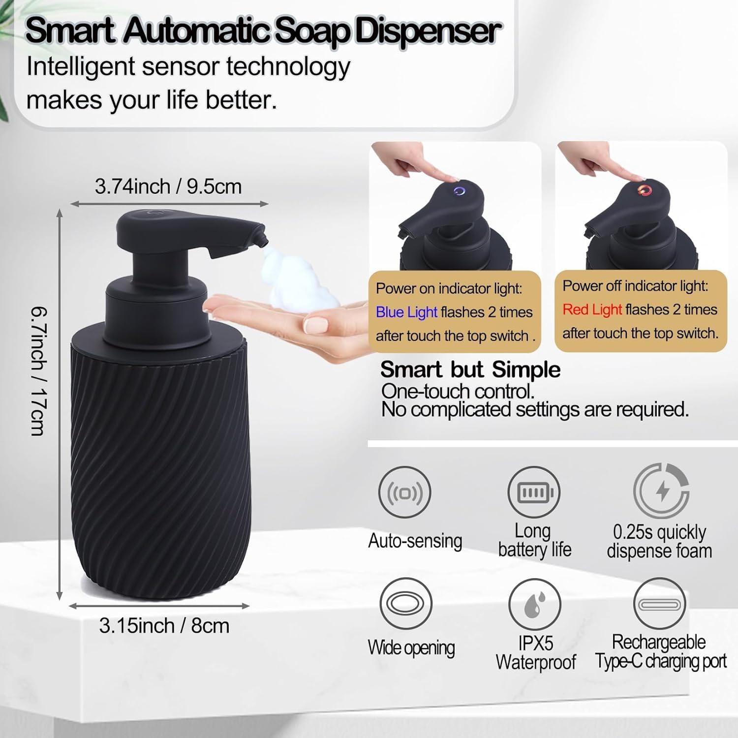 Dispensador Automático de Jabón Espumoso LUNKAFO Negro 300ml