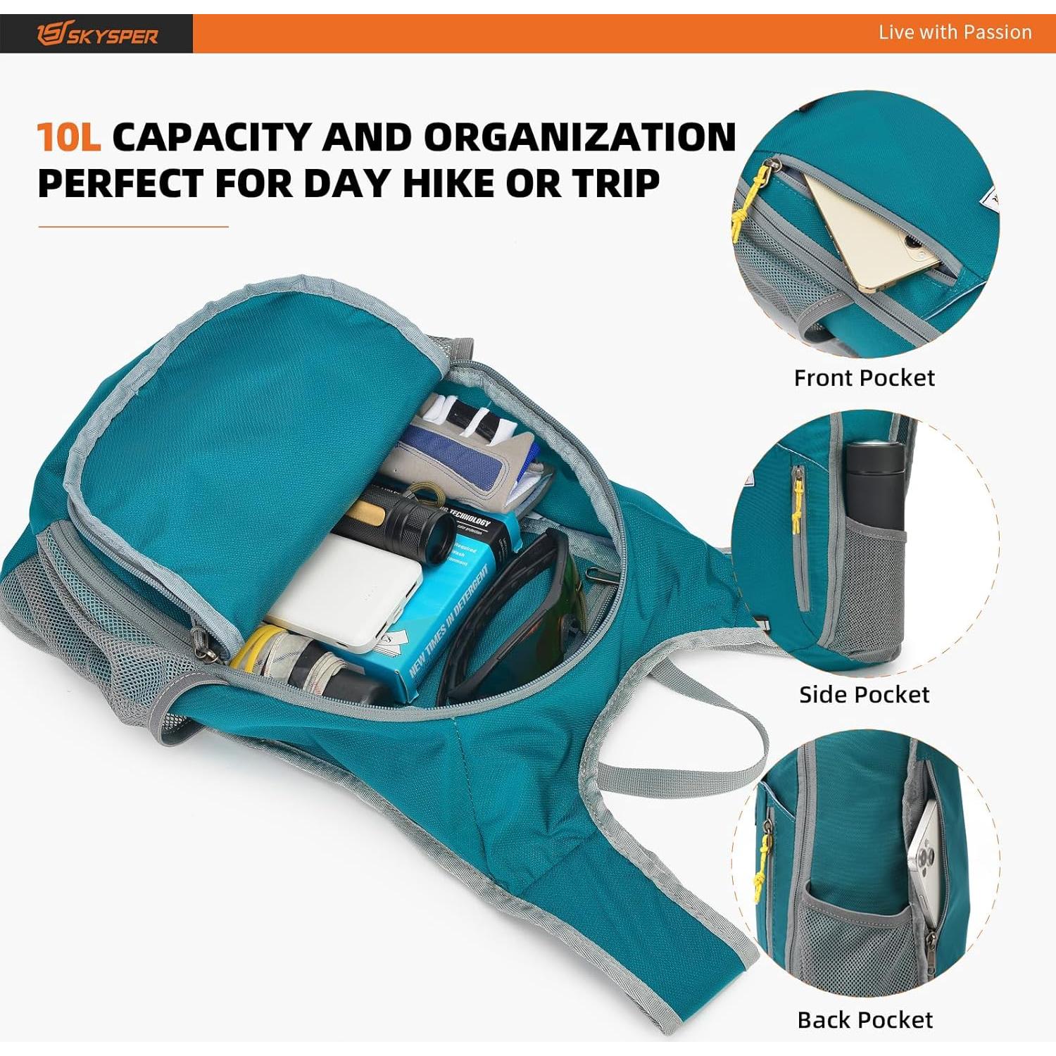 Mochila de Senderismo SKYSPER 10L Plegable Ligera Unisex Cian