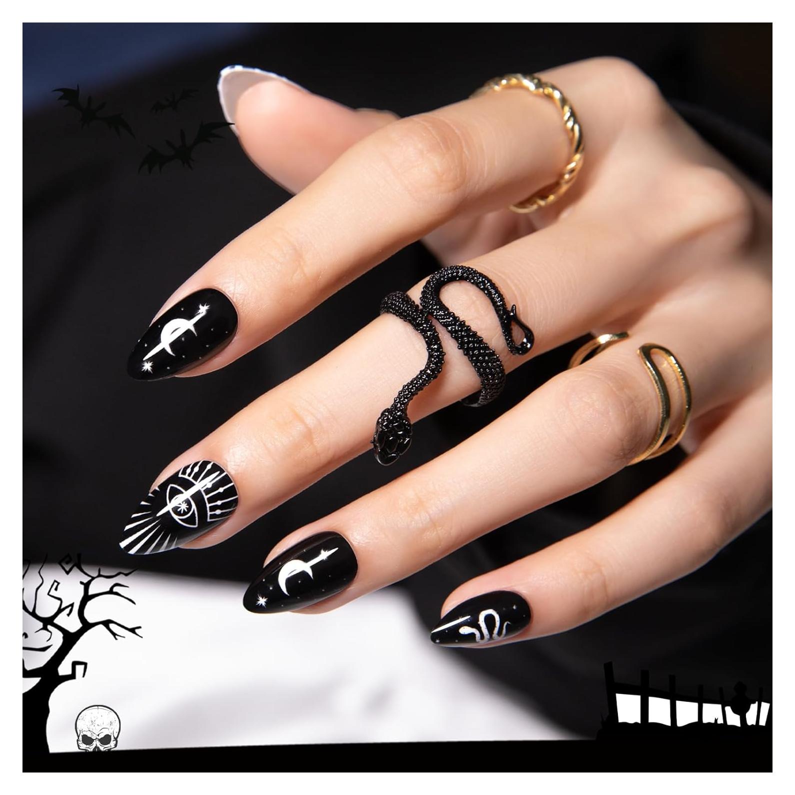 Uñas Falsas Negras Goth SHOWMORE - Kit de 30 con Pegamento