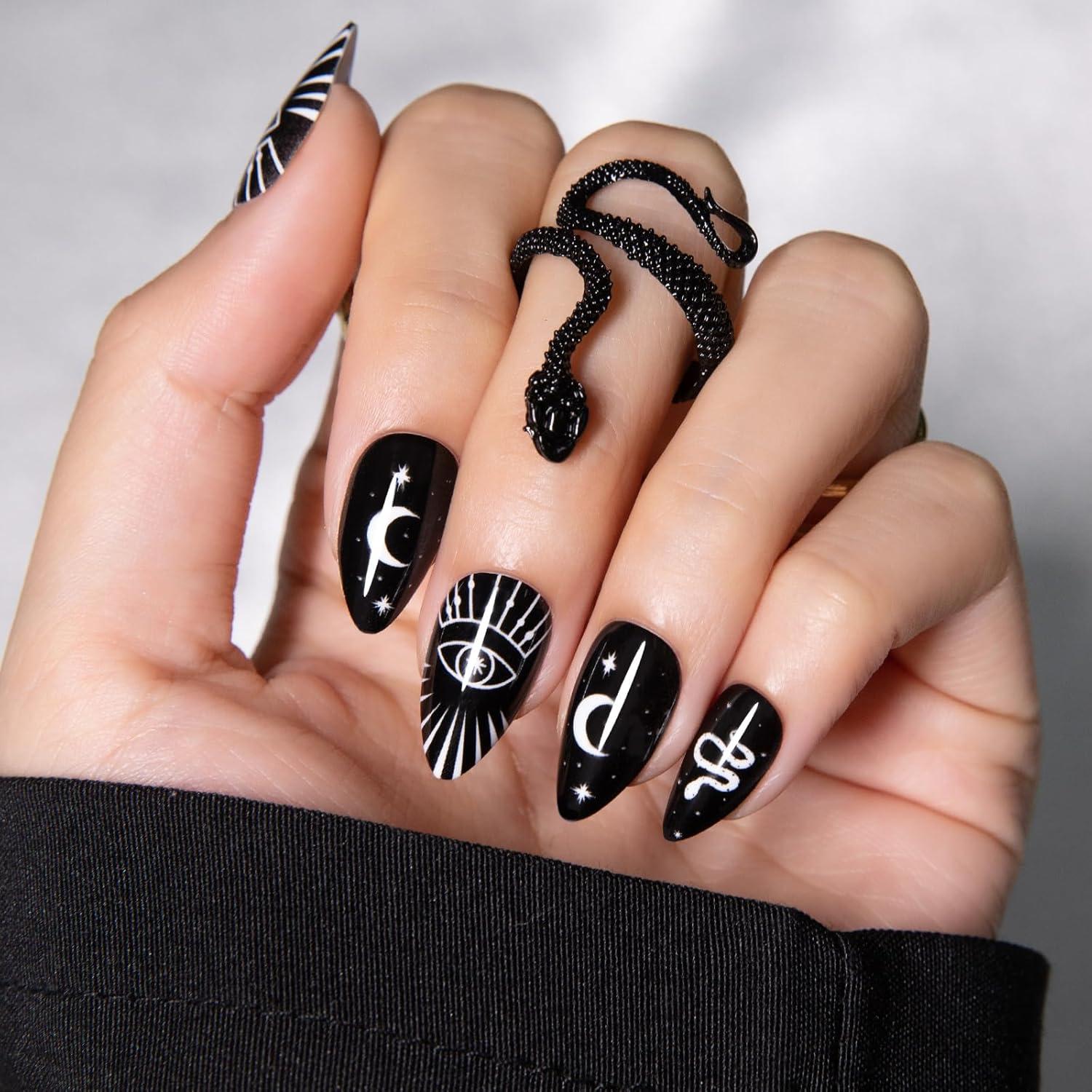 Uñas Falsas Negras Goth SHOWMORE - Kit de 30 con Pegamento