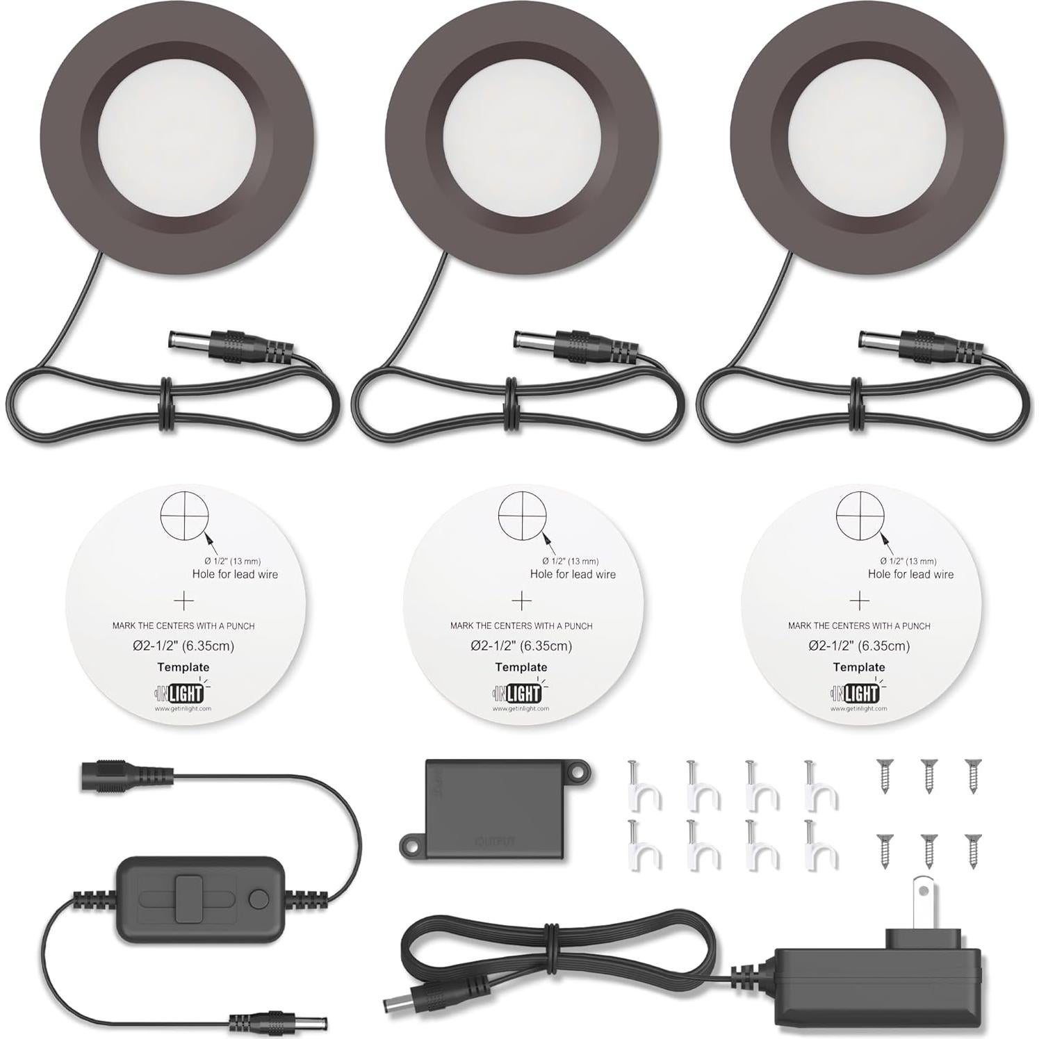 Kit de 3 Luces LED Puck Dimmables GETINLIGHT 3000K Bronce