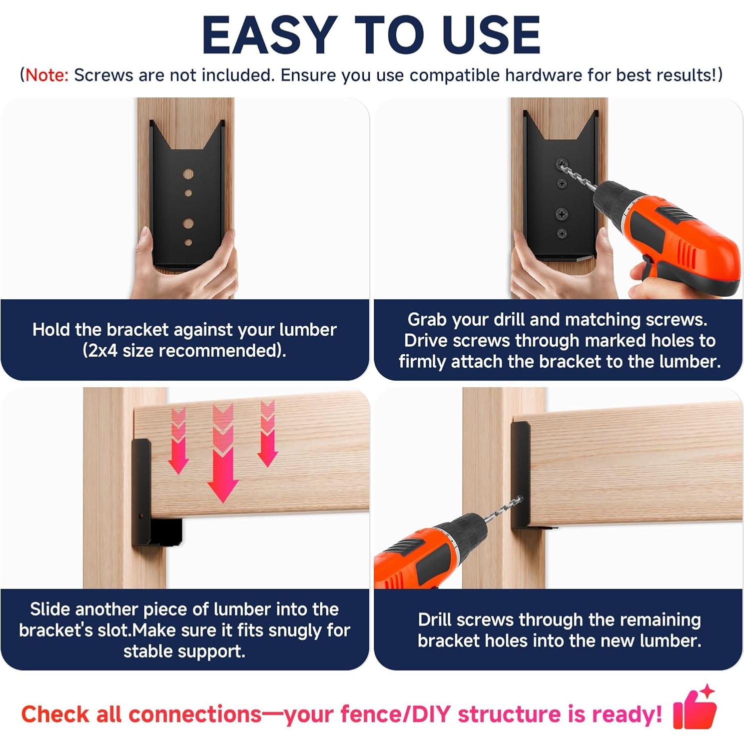 20 Soportes para Cercas 2x4 Fadachai - Acero Recubierto Negro