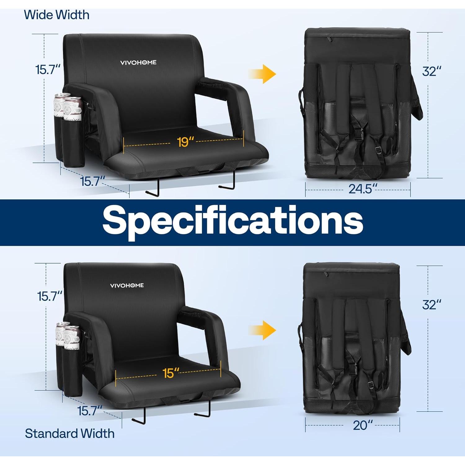 Silla de Estadio Plegable VIVOHOME 20" con Respaldo y Apoyabrazos