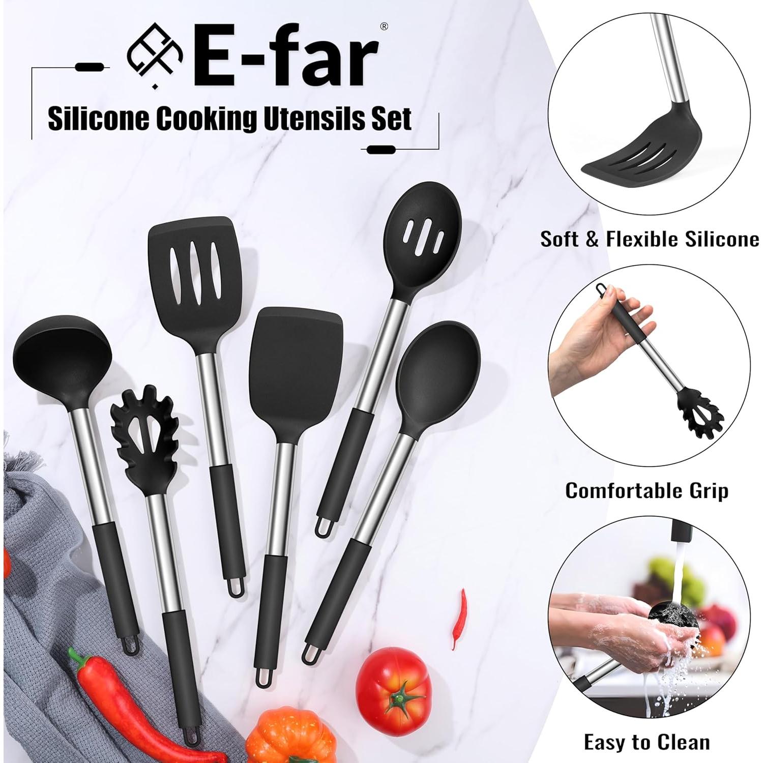 Set de Utensilios de Cocina E-far 14 Piezas Silicona y Acero Inoxidable