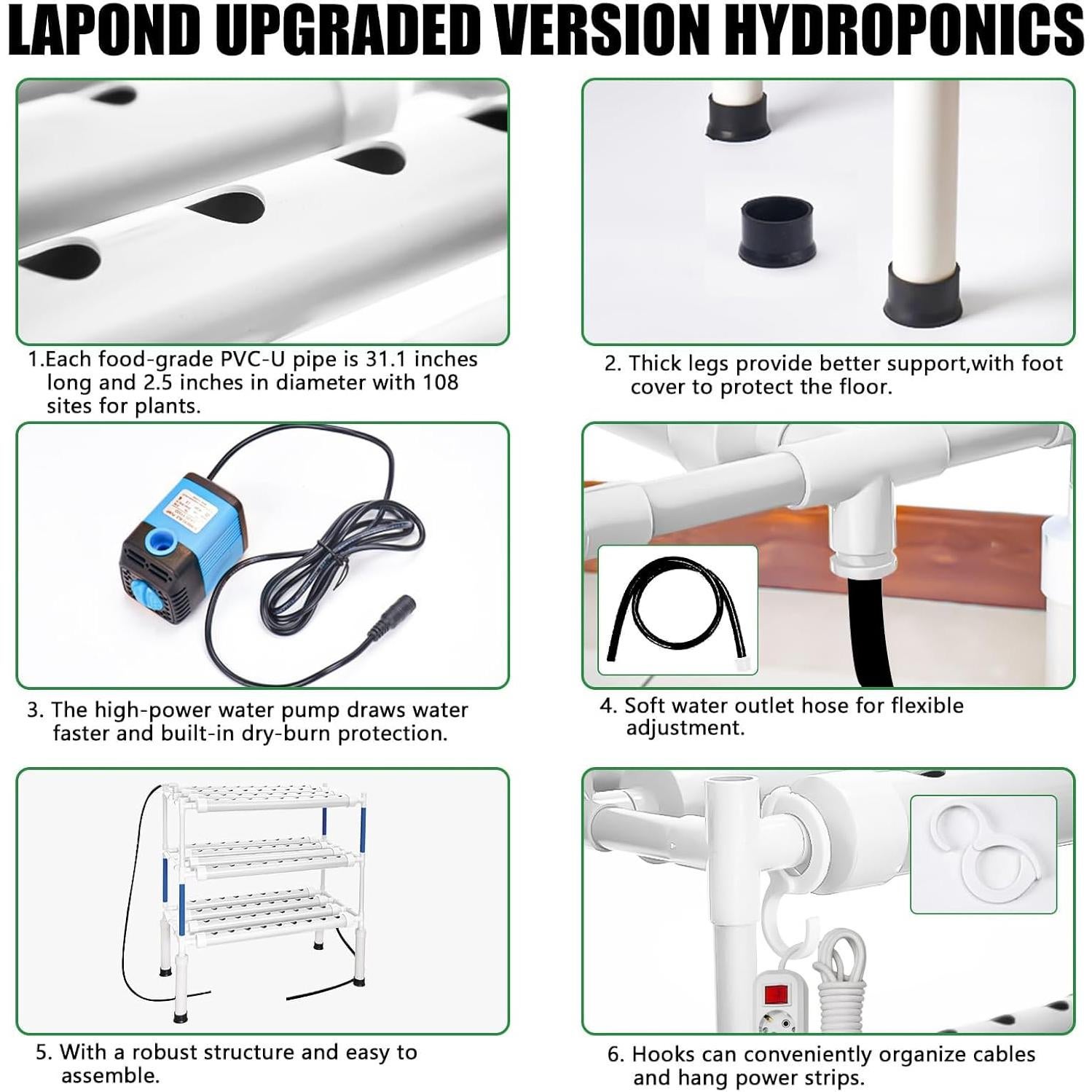 Kit Hidropónico Mejorado LAPOND 108 Sitios para Cultivo Interior/Exterior