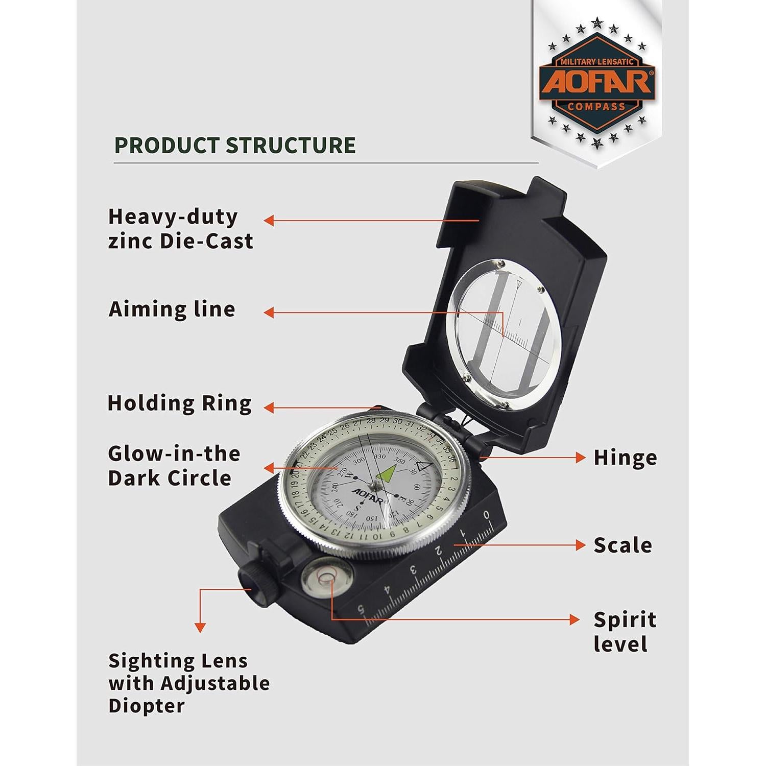 Brújula Militar AOFAR AF-4580 Impermeable y Compacta