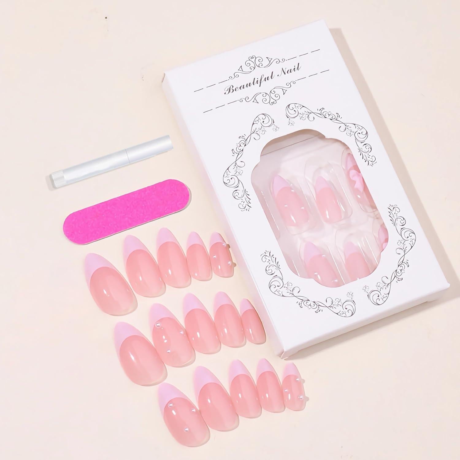 Uñas Postizas Medianas BABALAL Almendra Rosa 24 Piezas