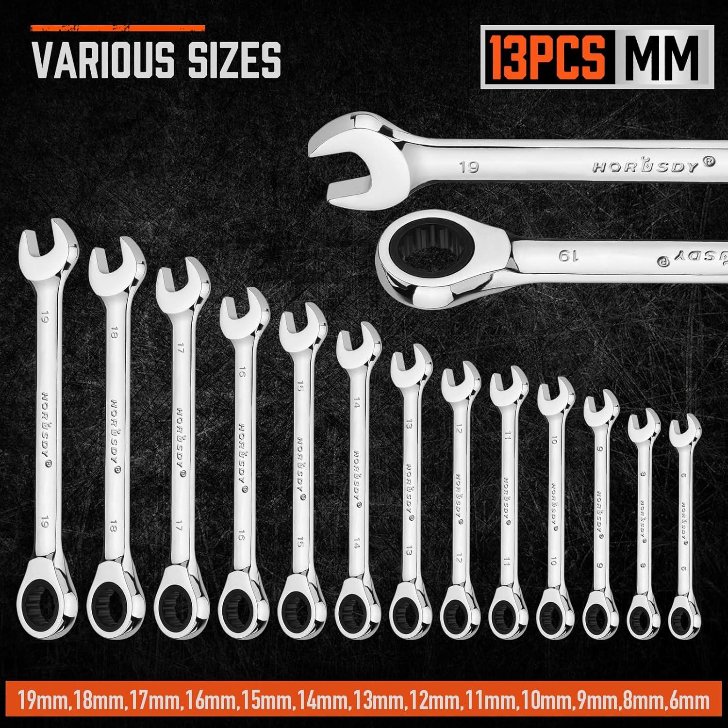 Juego de Llaves de Carraca 13 Piezas HORUSDY Acero 6-19mm