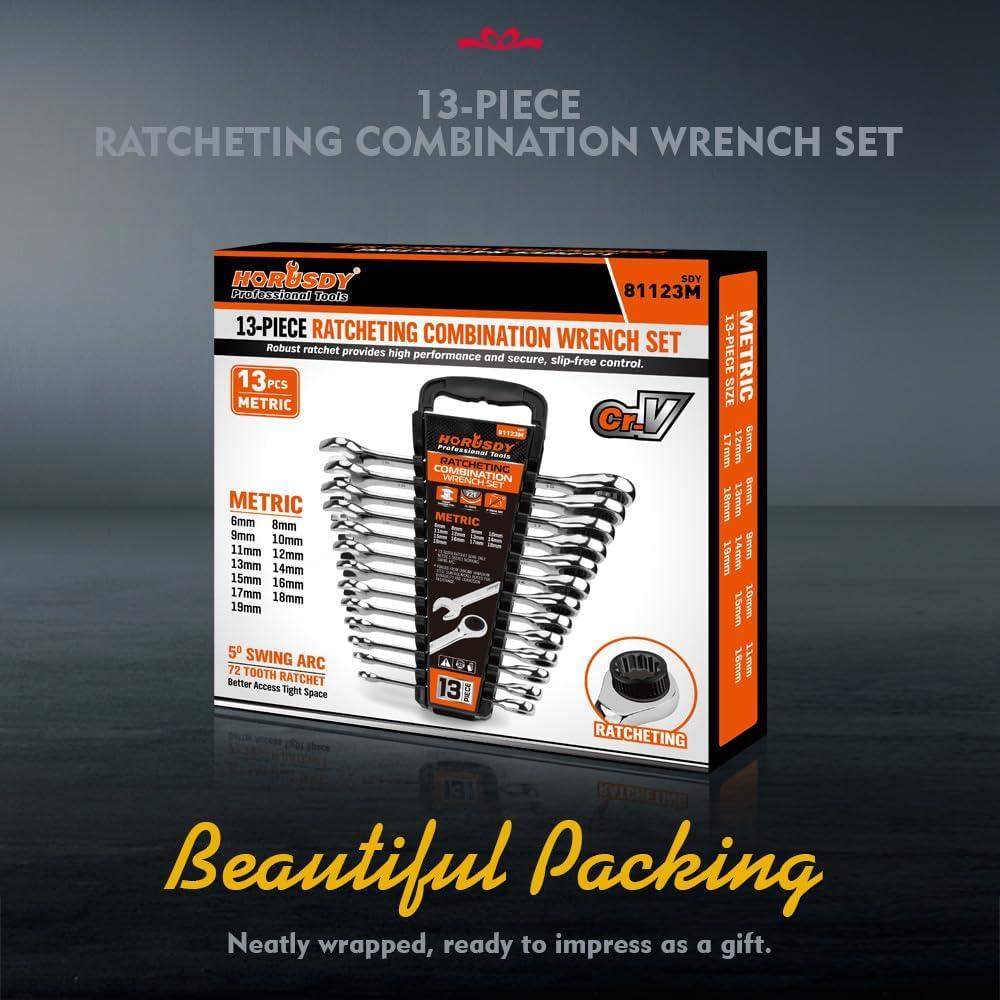 Juego de Llaves de Carraca 13 Piezas HORUSDY Acero 6-19mm