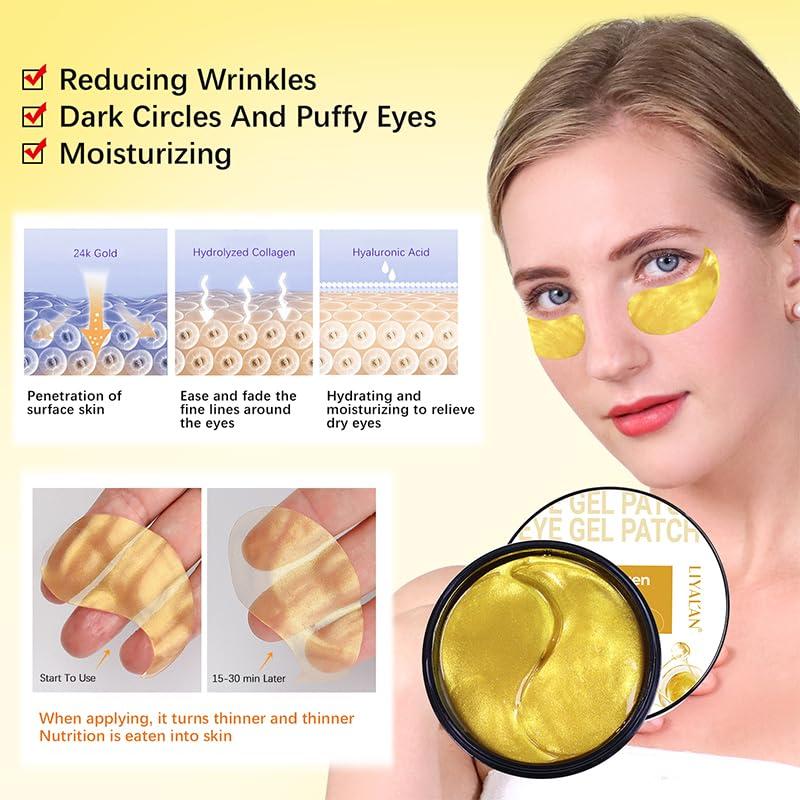 Parche de Ojos LIYALAN 24K Hidratante 60 Pcs Antienvejecimiento