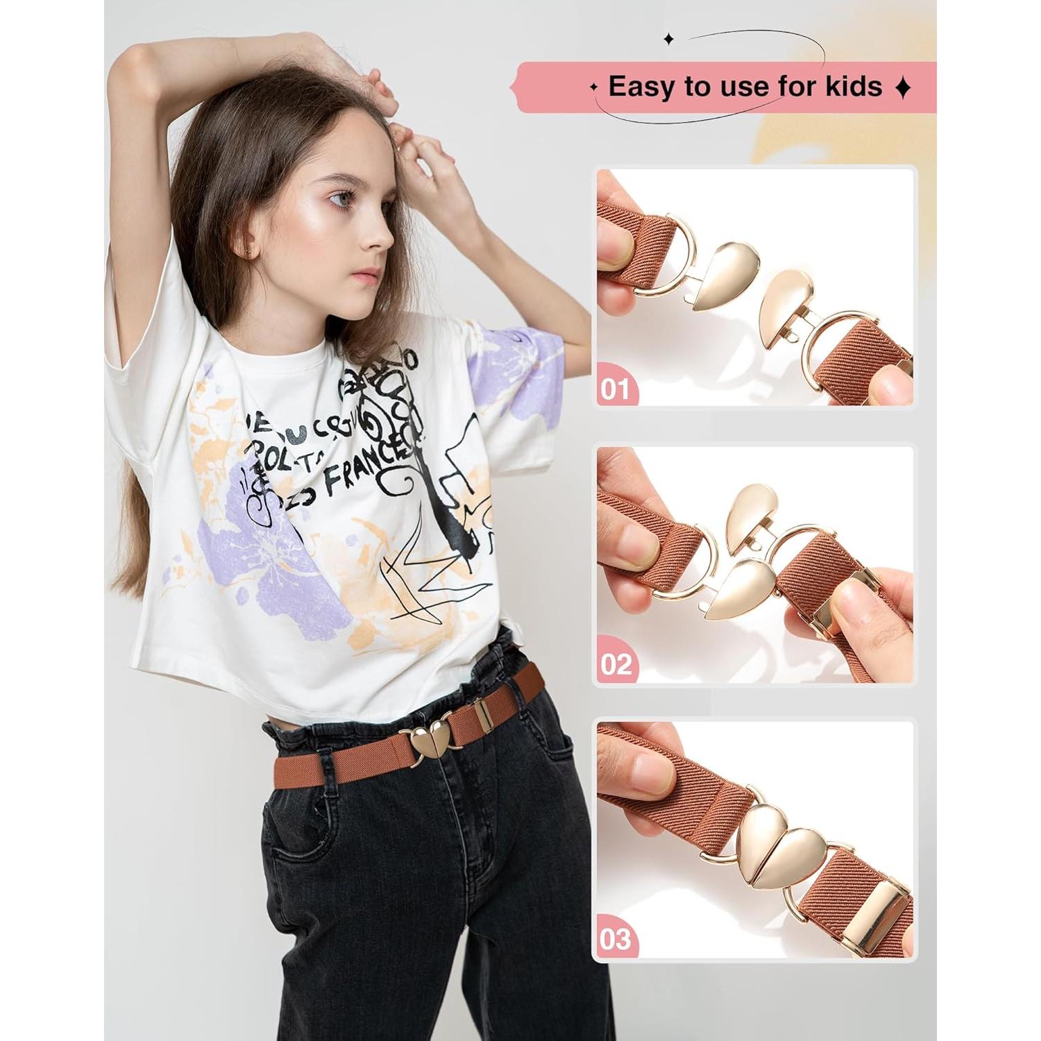 Cinturón Elástico AWAYTR para Niñas - Ajustable 70 cm con Hebilla Corazón