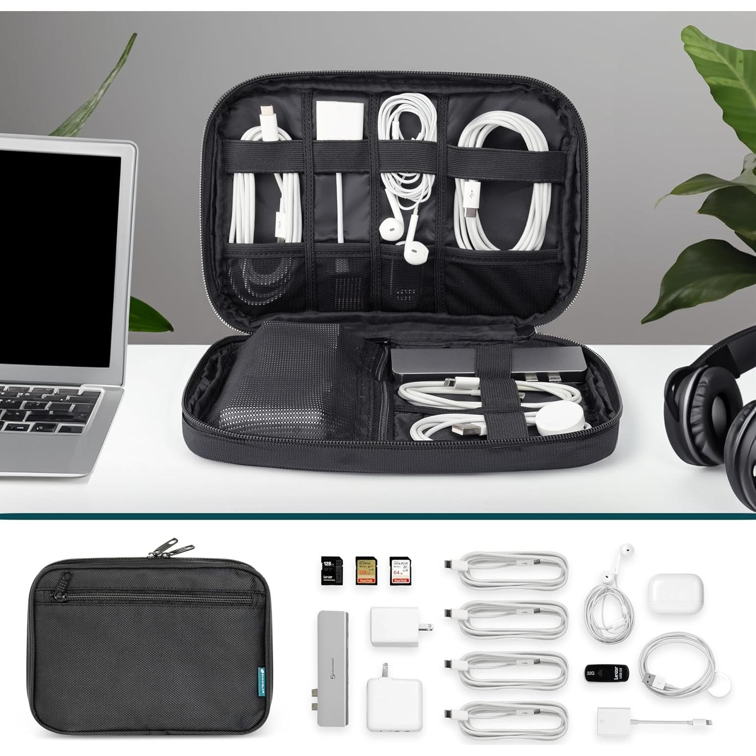 Organizador de Cables de Viaje PAVILIA Negro 25.4x17.3cm