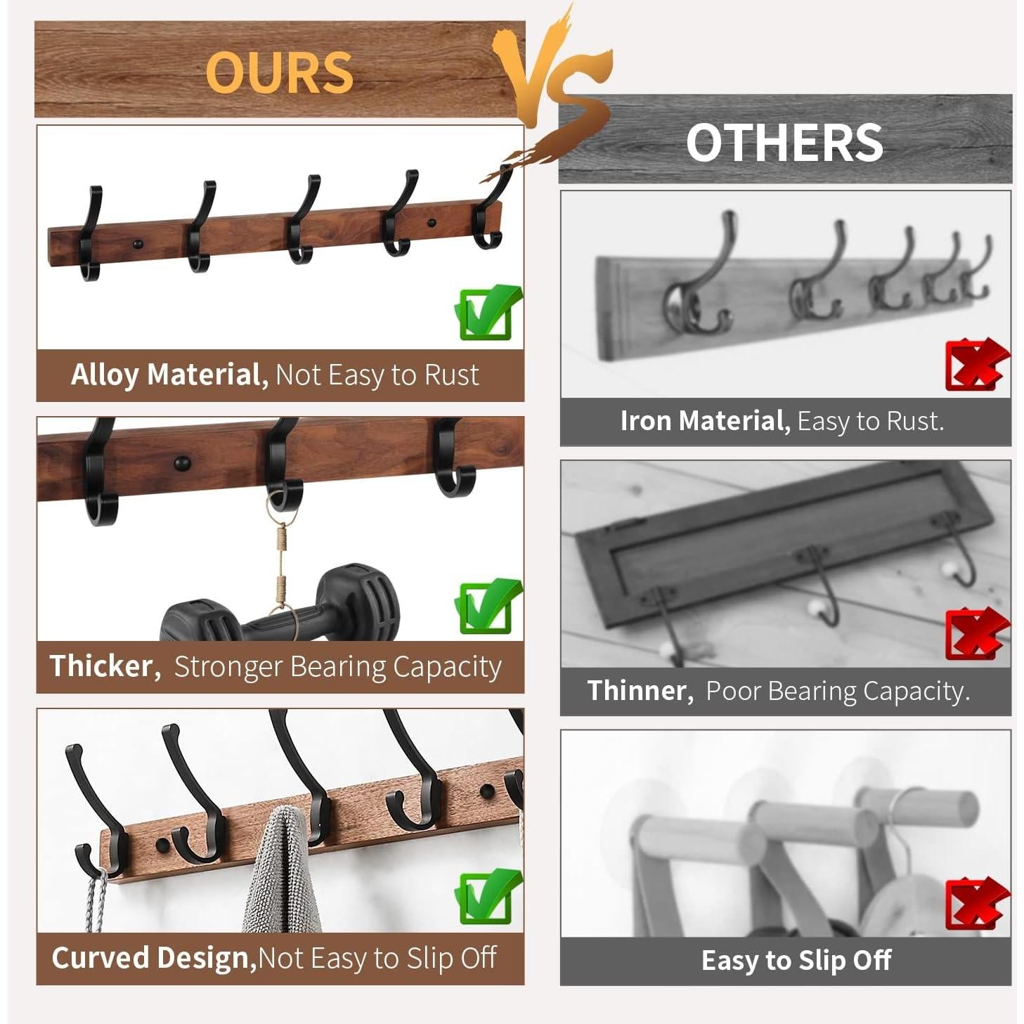 Perchero de Pared SARIHOSY de Madera de Nogal 50 cm con 5 Ganchos