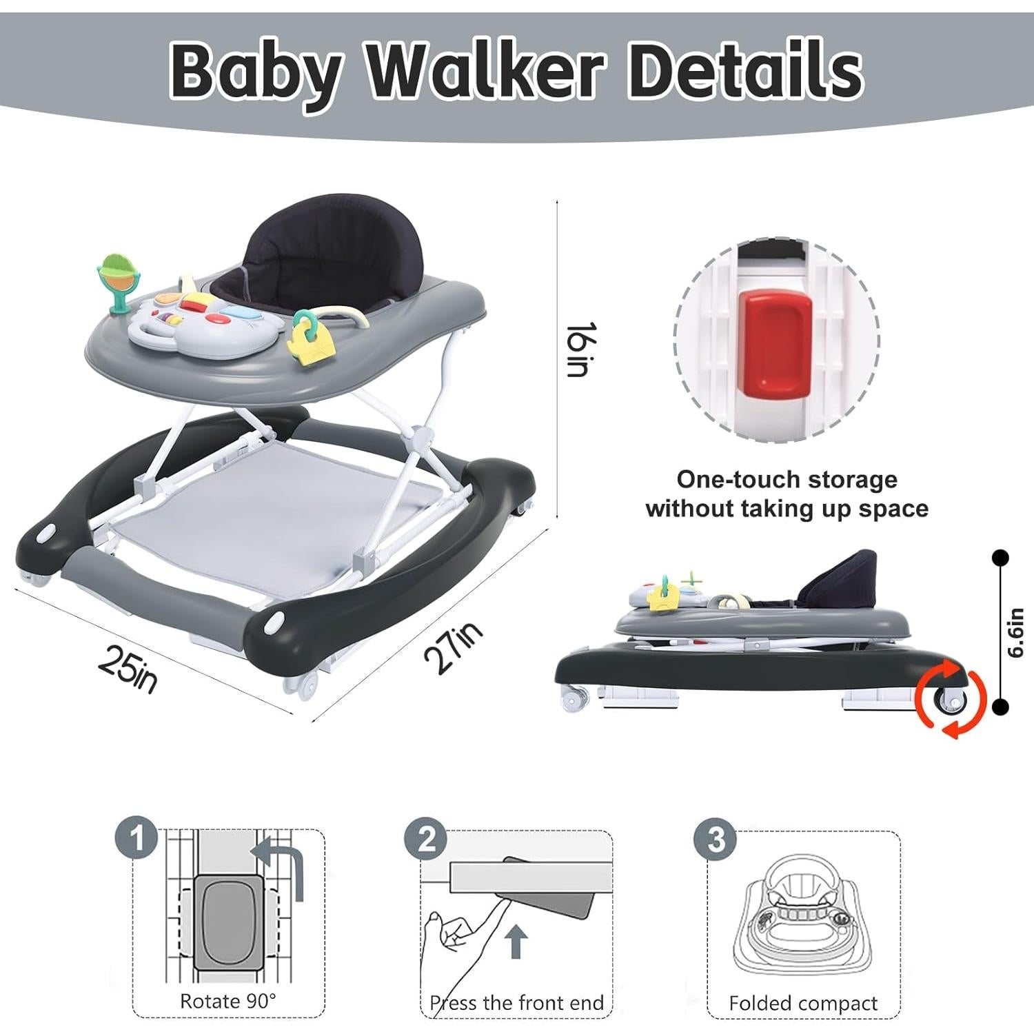 Andador Plegable 5 en 1 para Bebés - Negro, Altura Ajustable