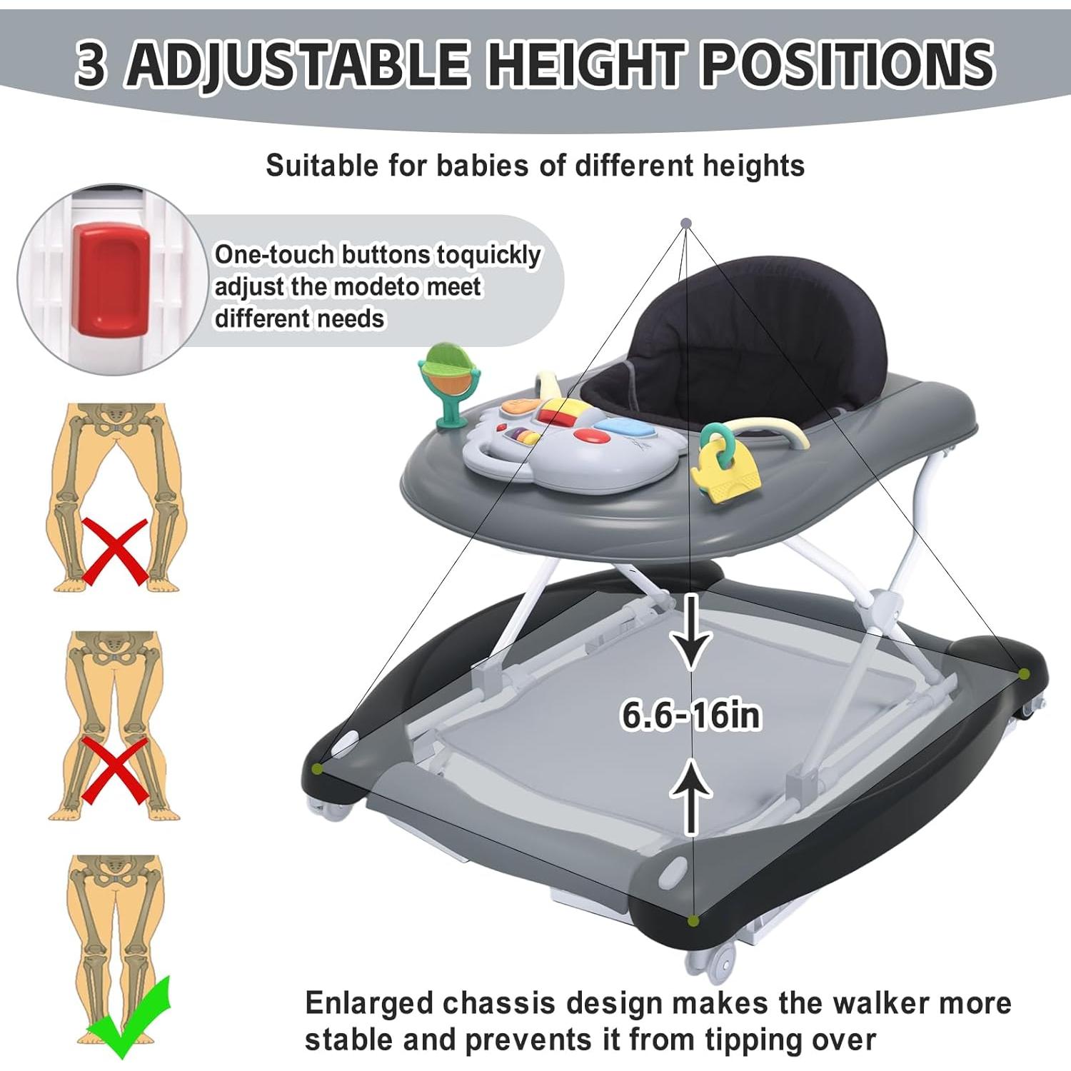 Andador Plegable 5 en 1 para Bebés - Negro, Altura Ajustable