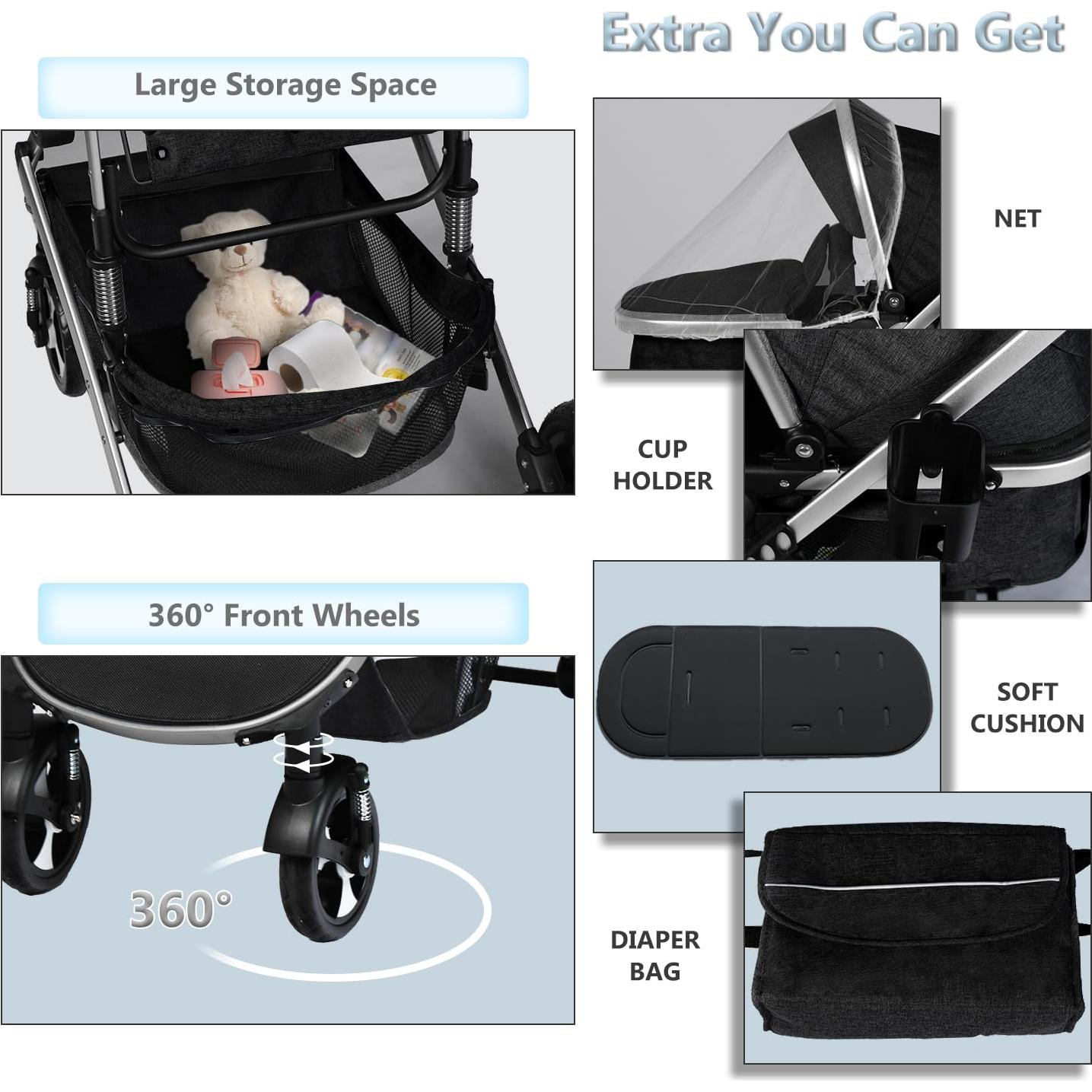 Cochecito Modular Kinder King 2 en 1 Negro Plegable Reversible