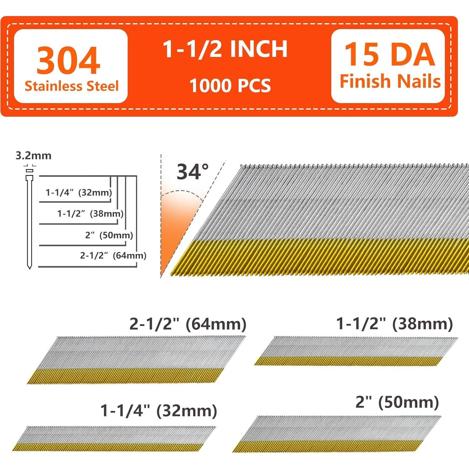 Clavos de Acabado Angulados 15GA Acero Inoxidable 304 1000 Unidades