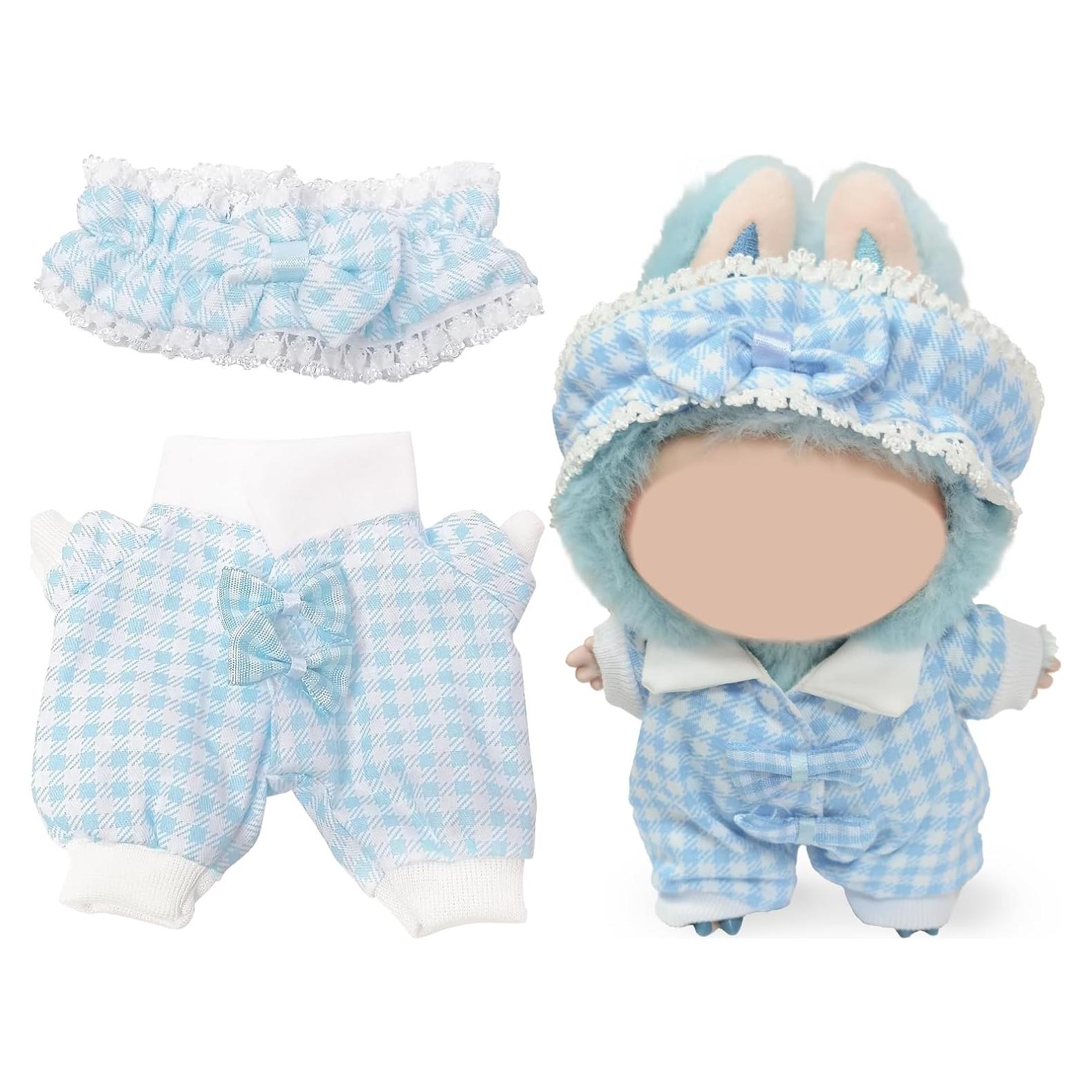 Conjunto de Ropa Labubu 17cm Diadema Cuadros Azules