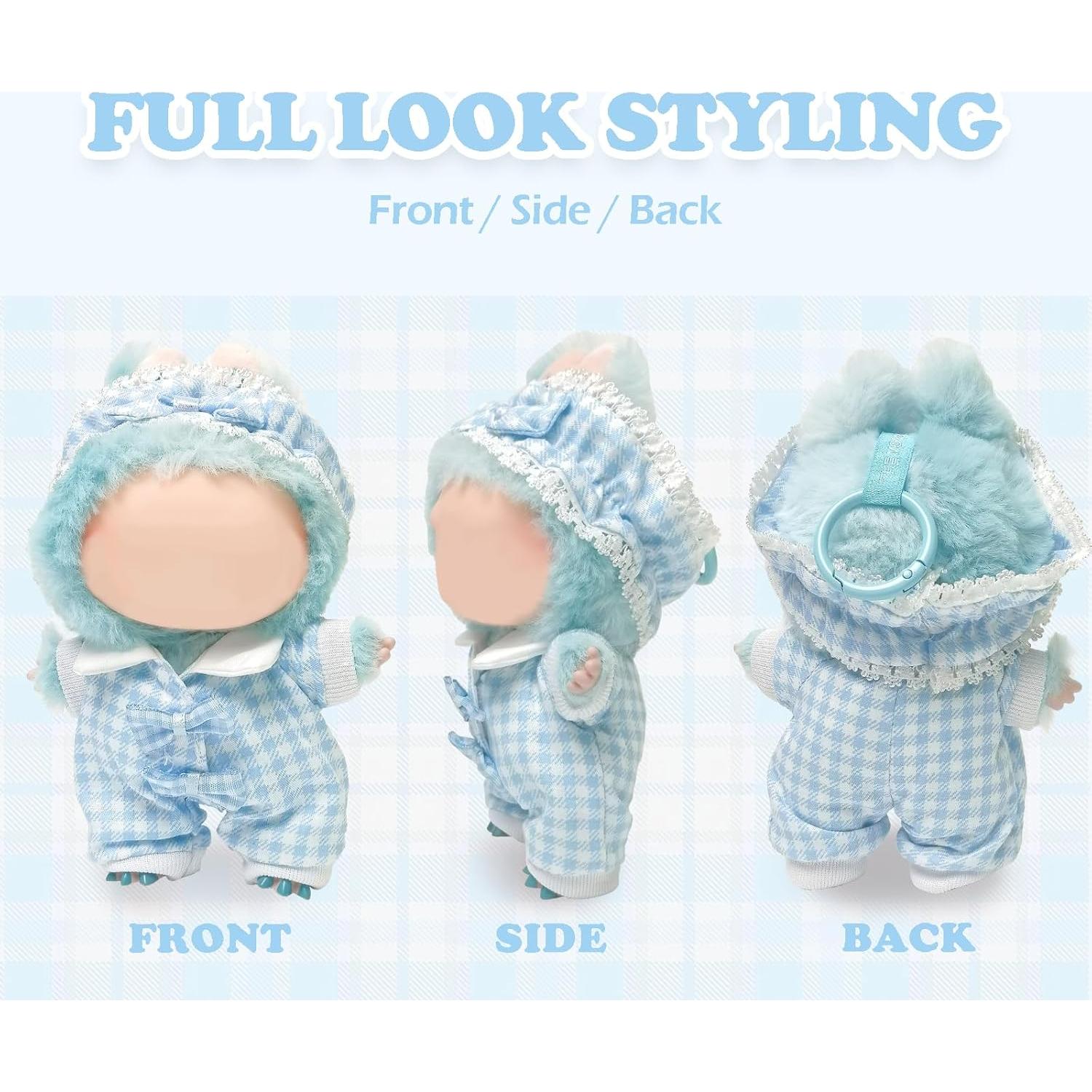 Conjunto de Ropa Labubu 17cm Diadema Cuadros Azules