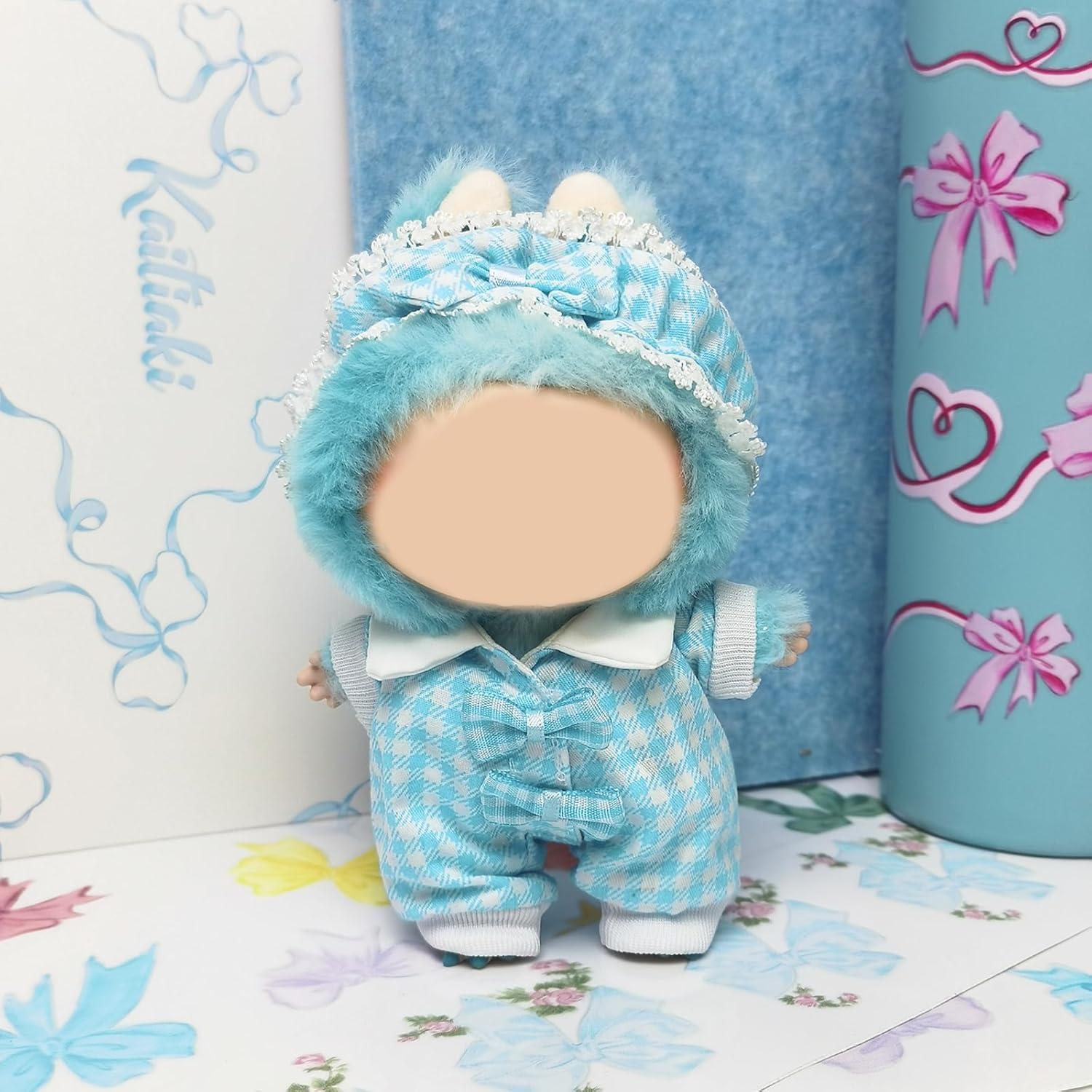 Conjunto de Ropa Labubu 17cm Diadema Cuadros Azules