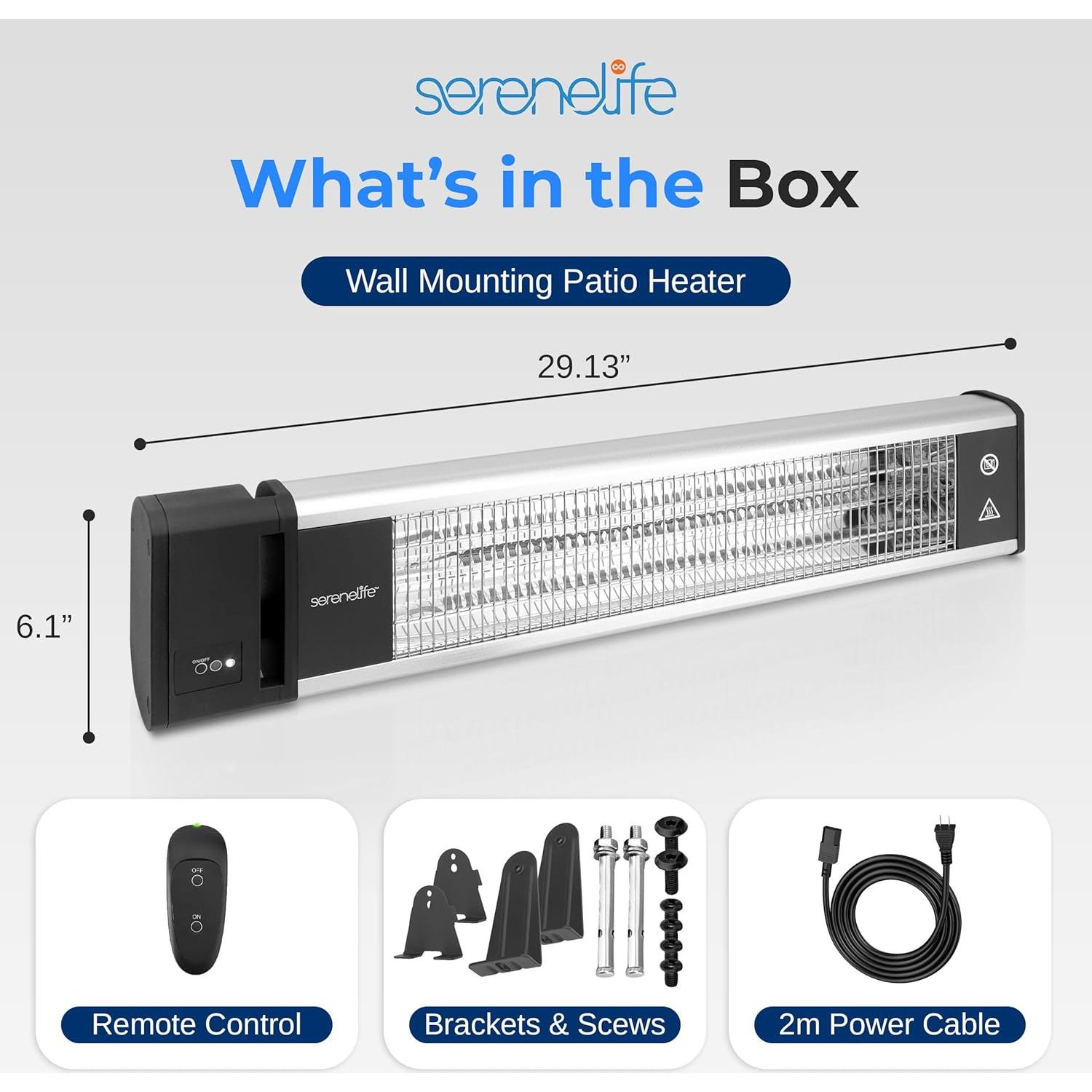 Calentador de Patio Eléctrico SereneLife 1500W IP65 Montaje Pared