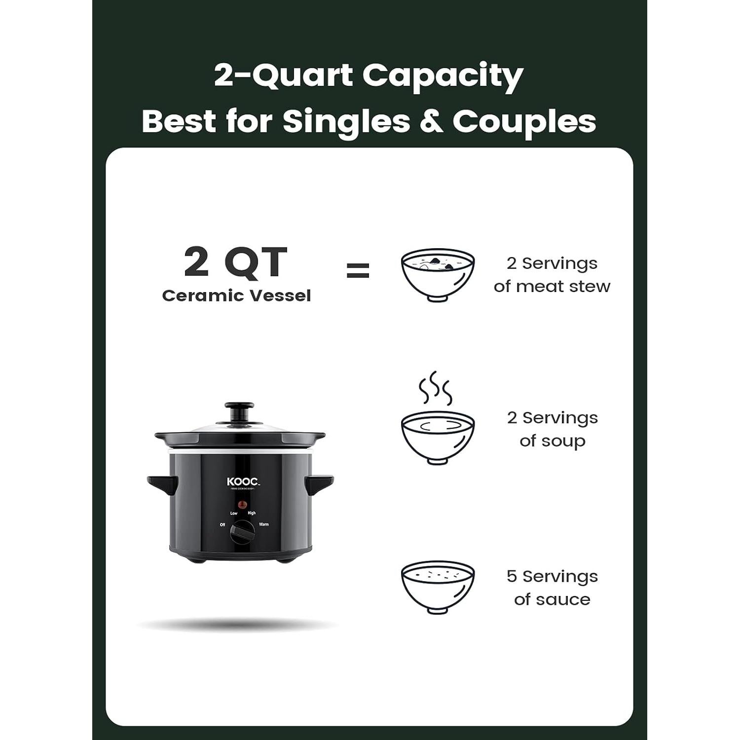 Olla de Cocción Lenta KOOC 2QT Cerámica Negra con Forros